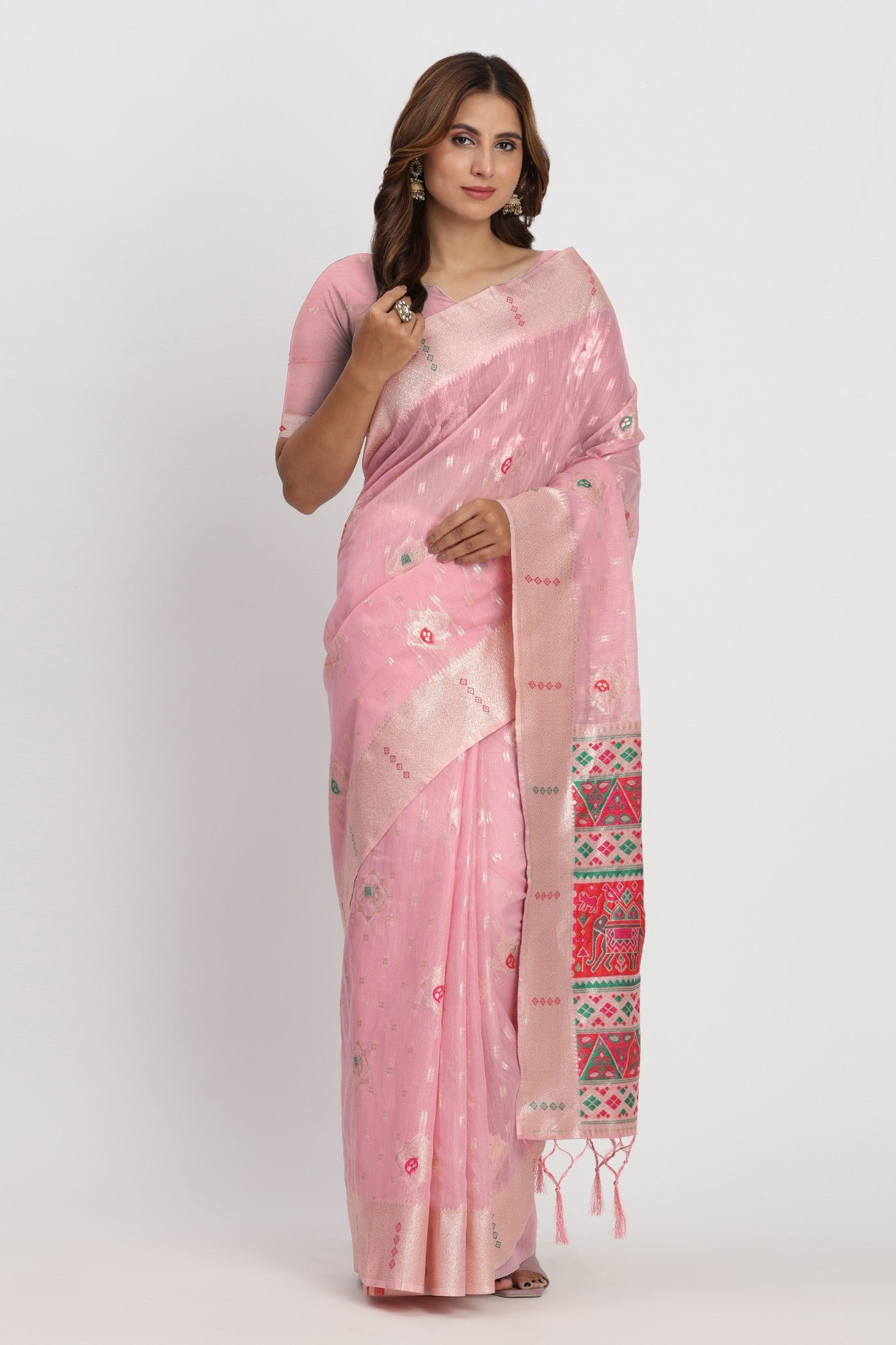 Buy MySilkLove Sea Pink Woven Linen Cotton Saree Online