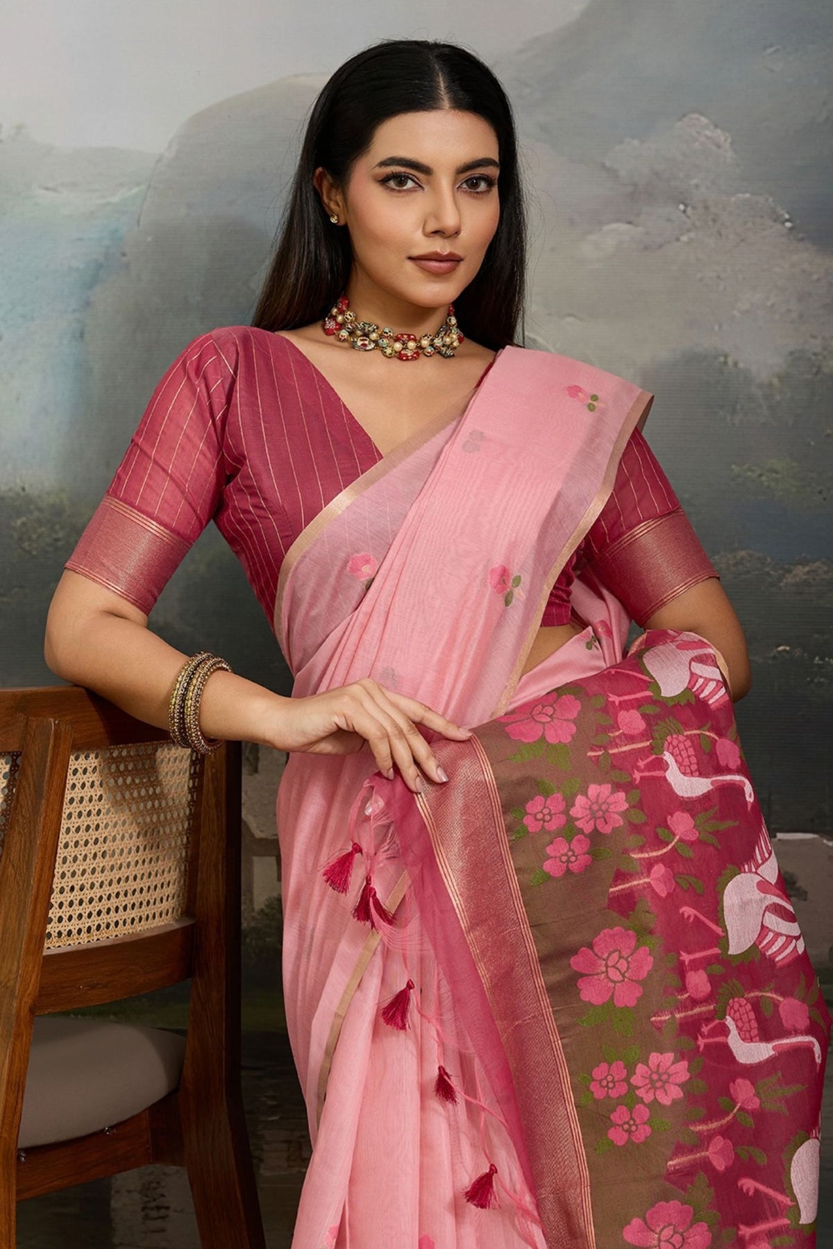 MySilkLove Tulip Blush Pink Cotton Handloom Swan Saree