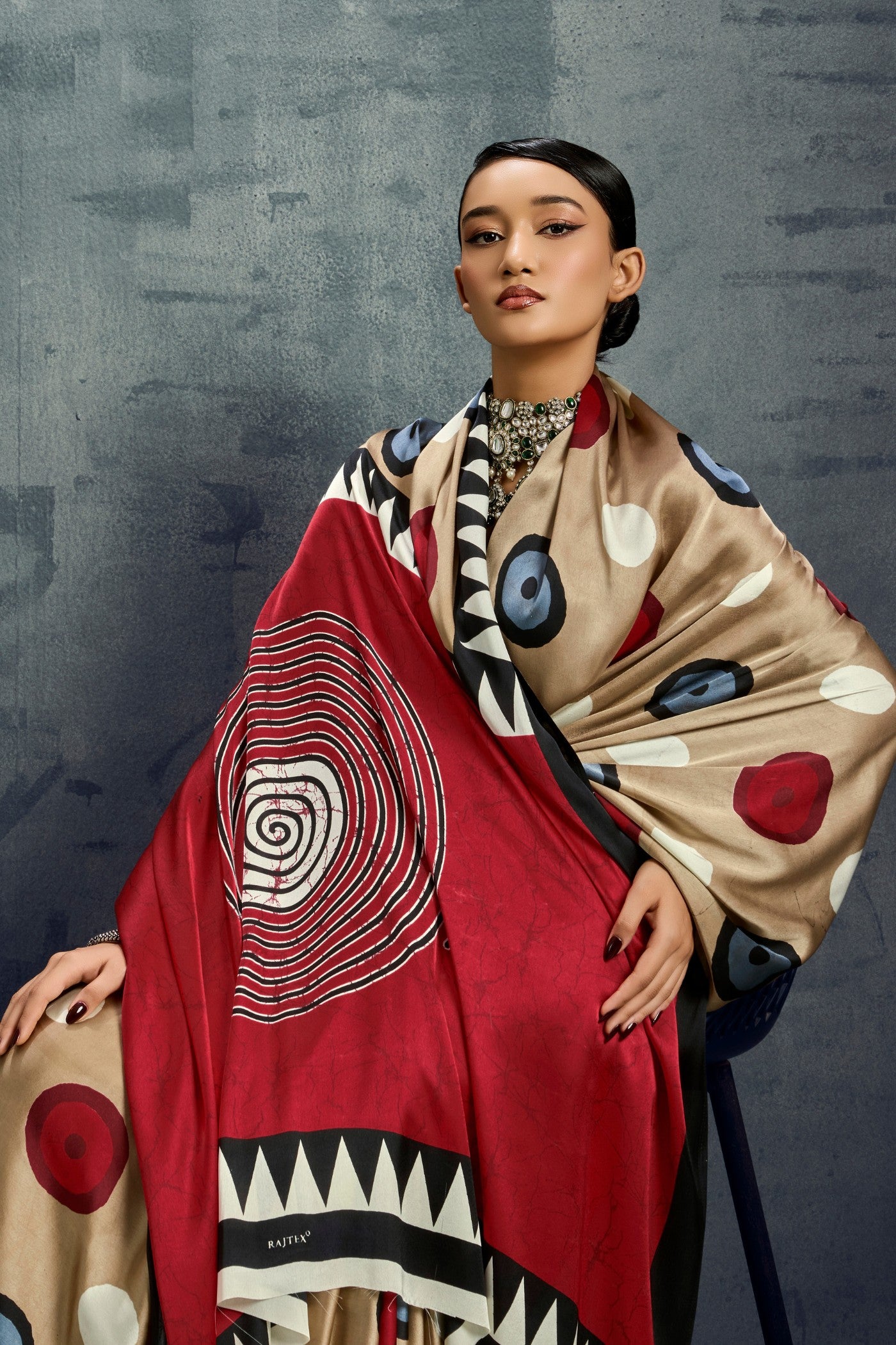 Buy MySilkLove Walnut Brown Ajrakh Printed Satin Crepe Silk Saree Online