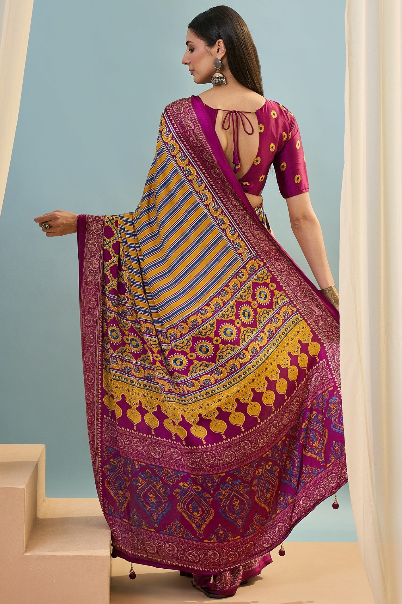 Buy MySilkLove Vesper Purple Ajrakh Printed Satin Crepe Silk Saree Online