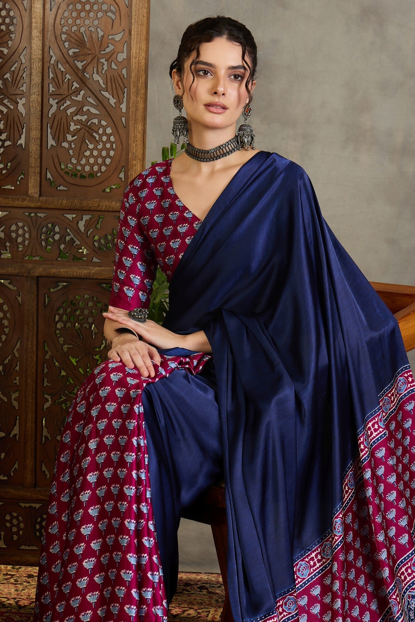 Buy MySilkLove Navy Blue and Purple Ajrakh Printed Satin Crepe Silk Saree Online