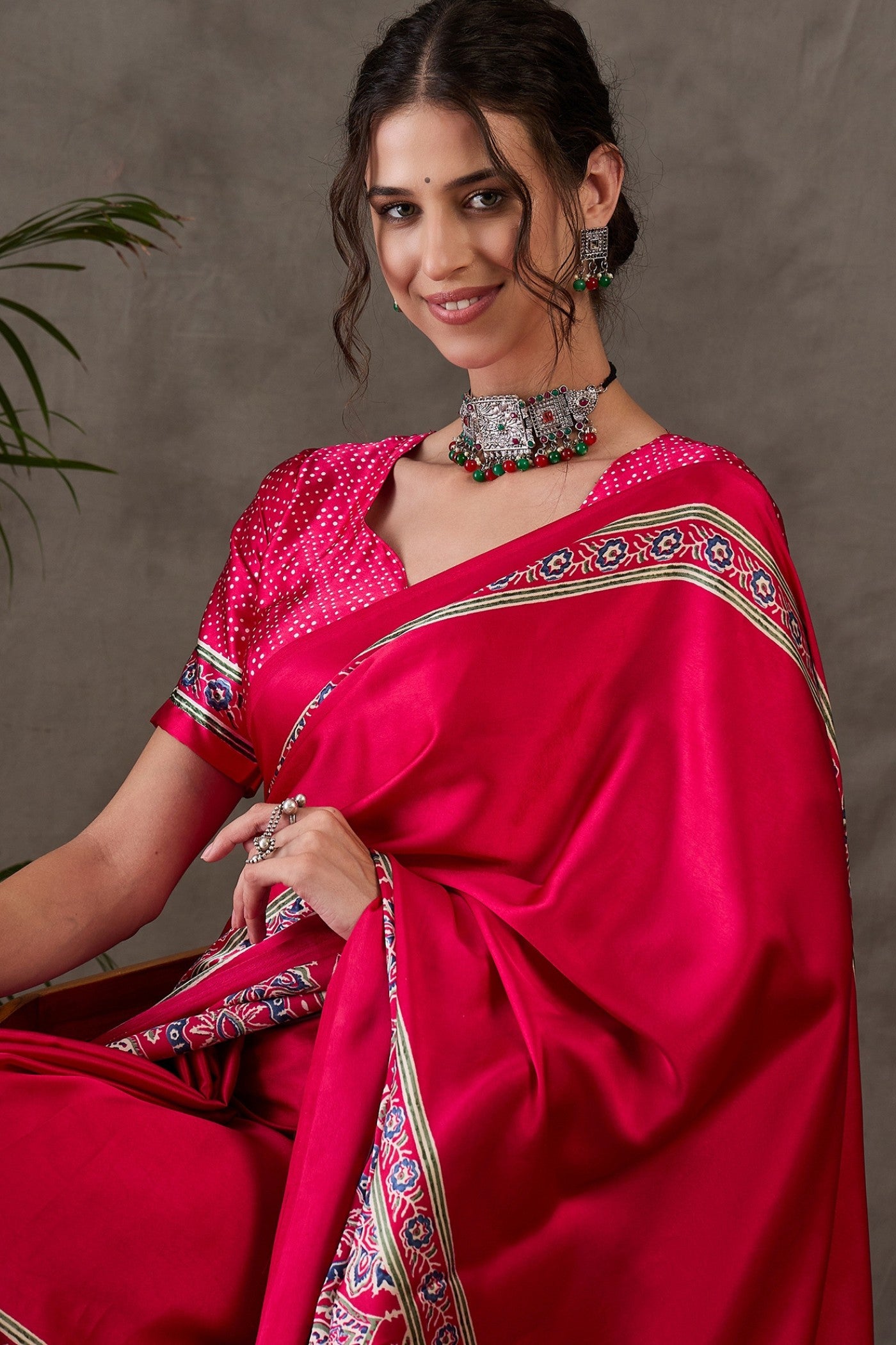 MySilkLove Garnet Red Printed Satin Gaji Silk Saree