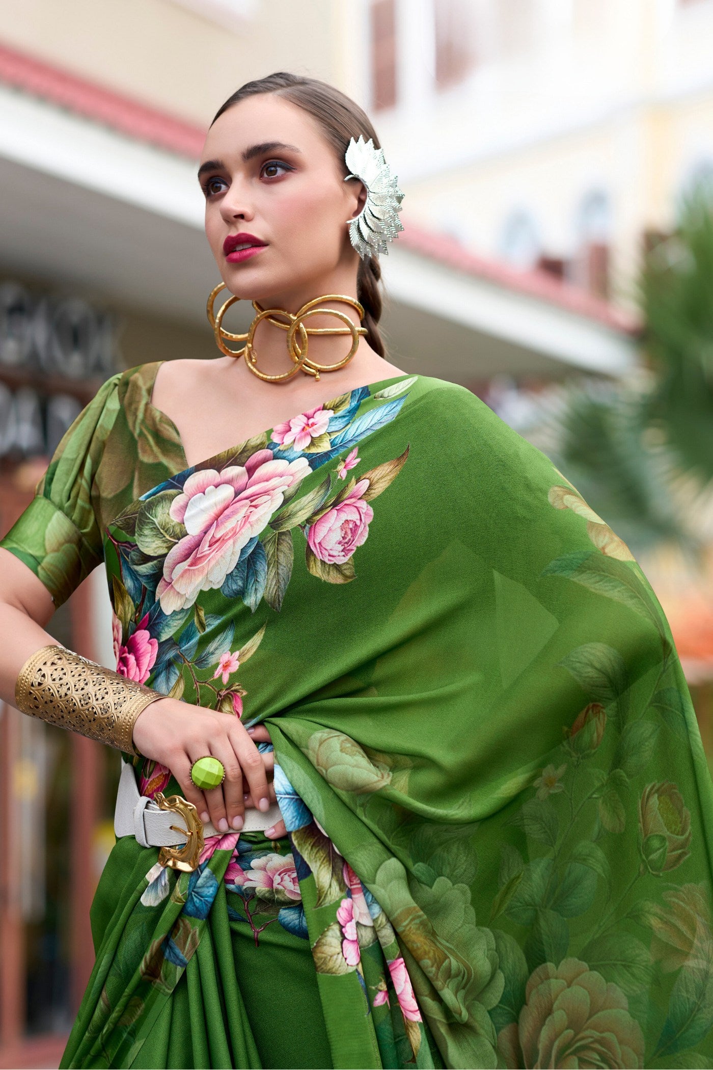 Buy MySilkLove Fern Frond Green Printed Georgette Saree Online