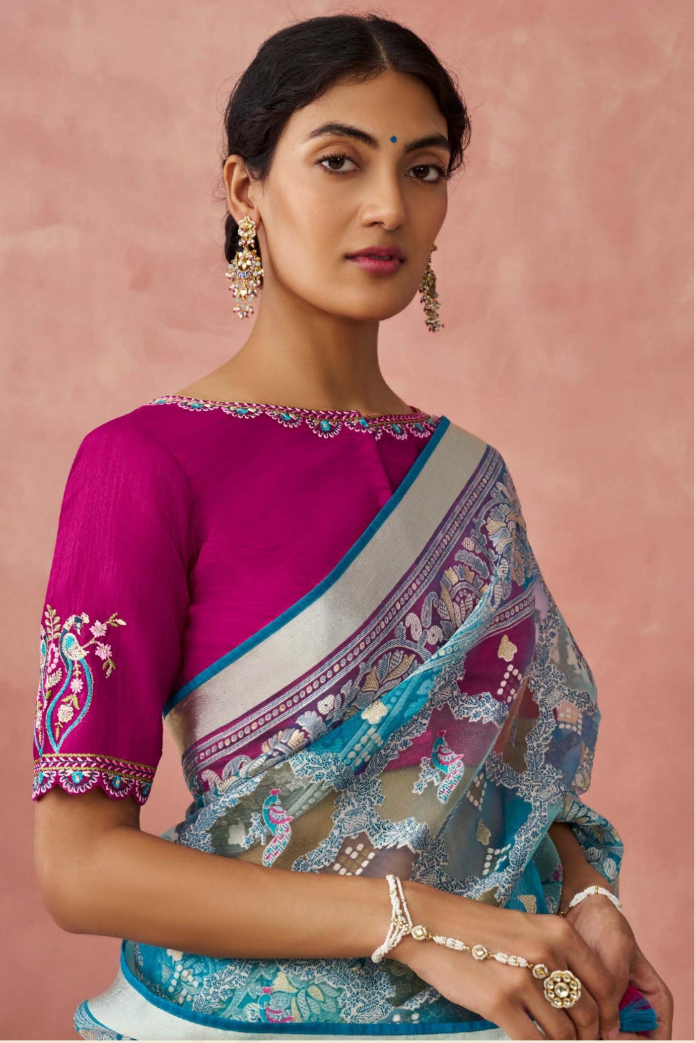 MySilkLove Juniper Blue and Pink Brasso Organza Printed Saree