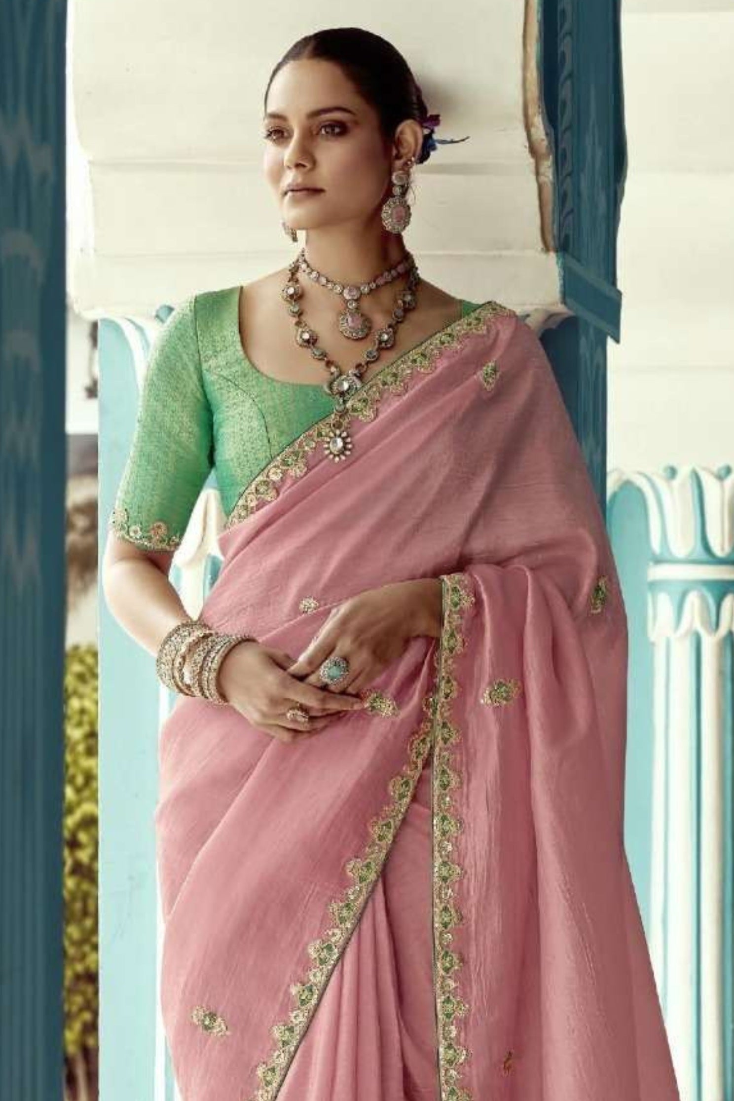 MySilkLove Rosy Pink Embroidered Tissue Designer Saree