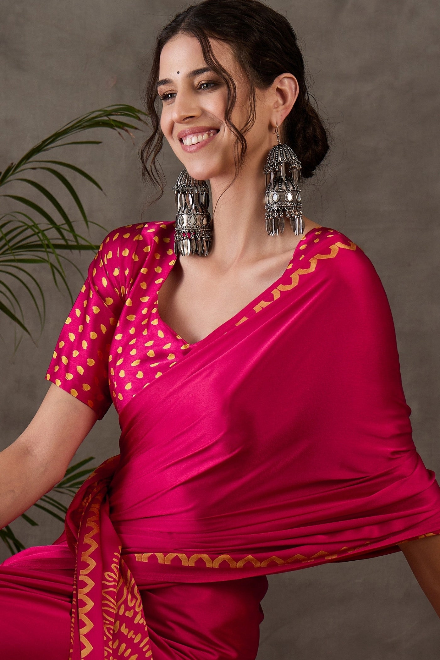MySilkLove Magenta Pink Printed Satin Gaji Silk Saree