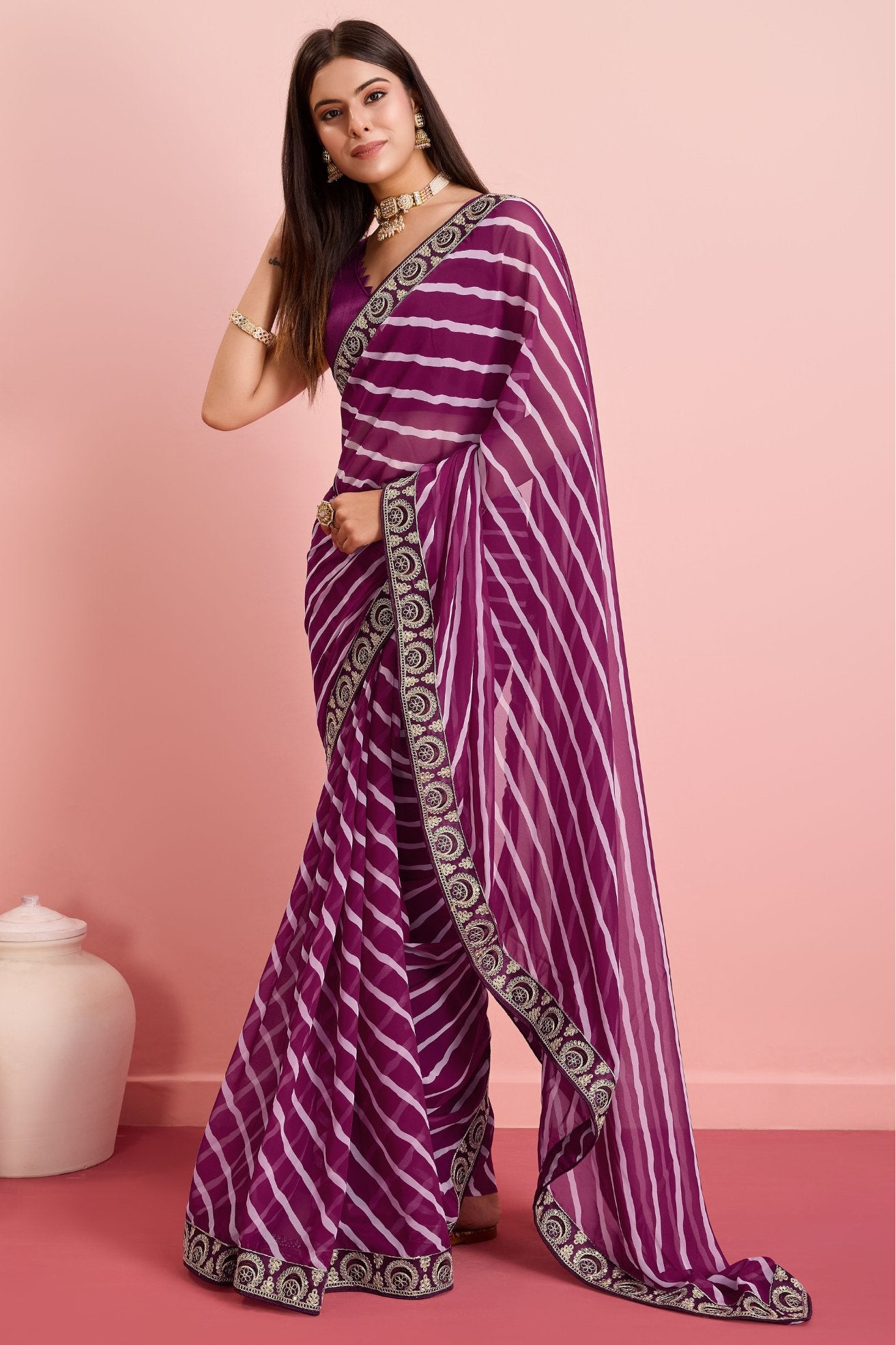 Buy MySilkLove Claret Purple Georgette Lehriya Silk saree Online