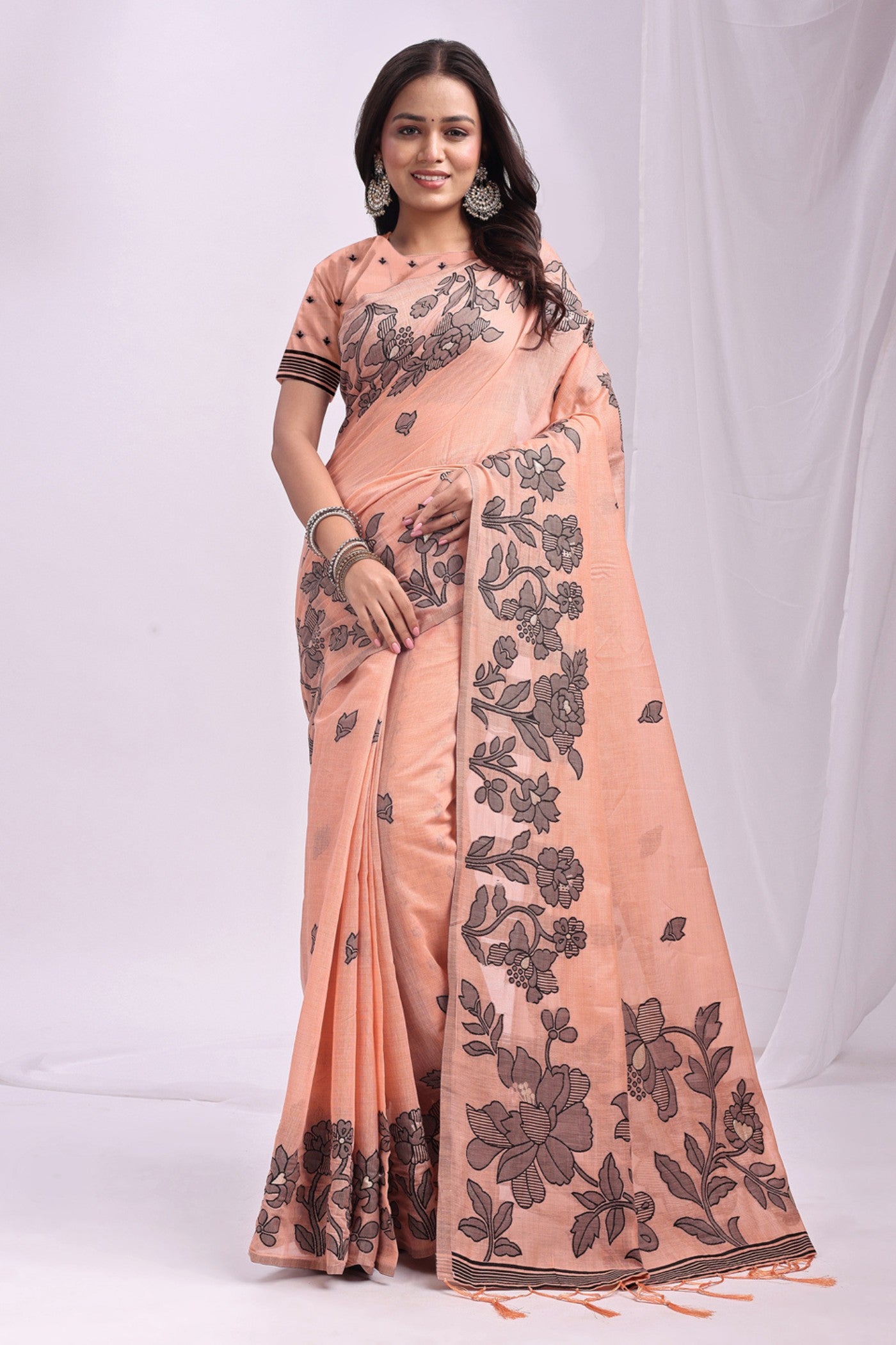 Buy MySilkLove Neon Orange Woven Linen Cotton Saree Online