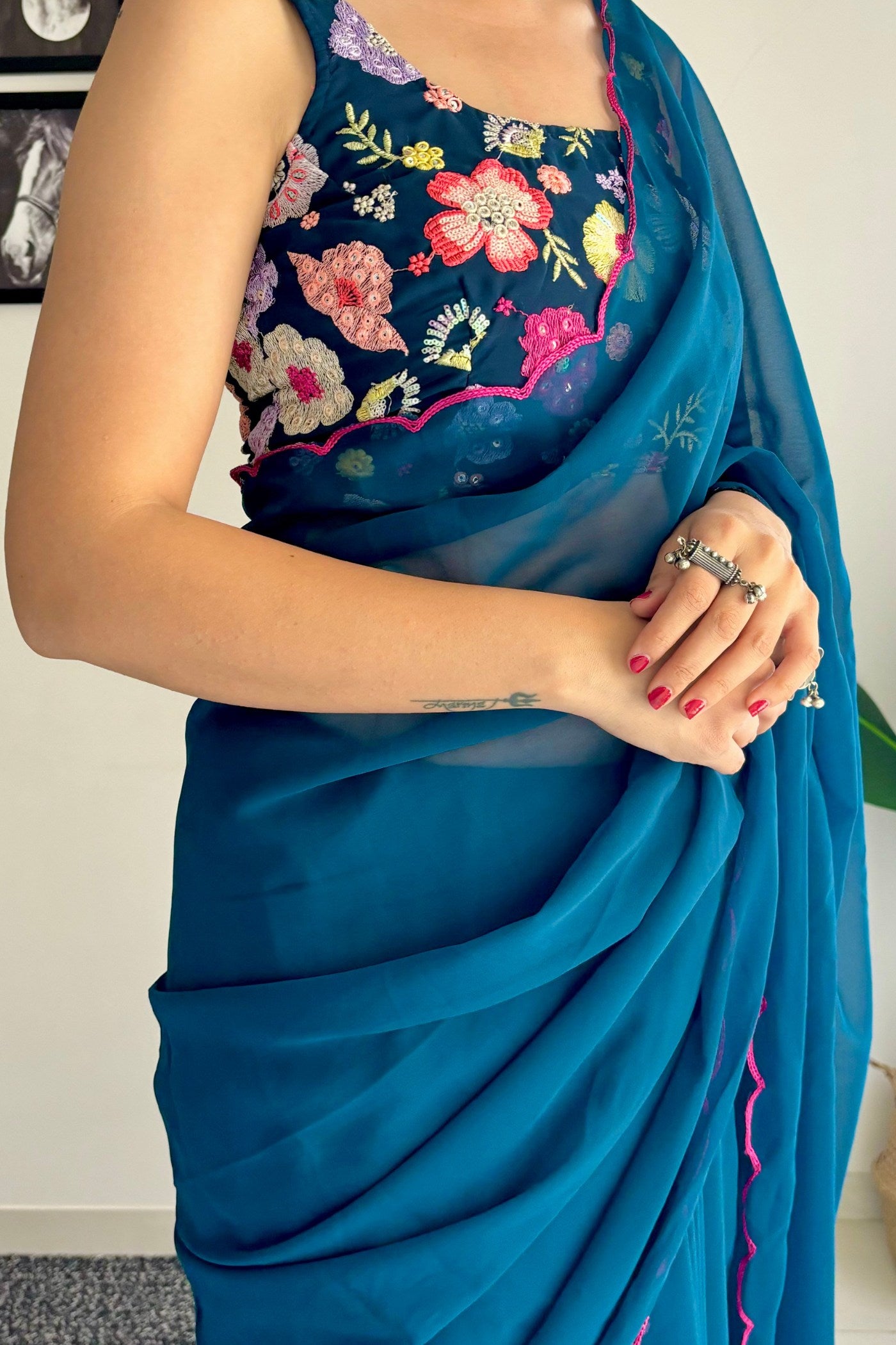 Buy MySilkLove Admiral Blue Gerogette Saree Online