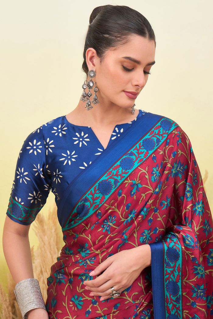 Buy MySilkLove Chili Red and Blue Modal Satin Printed Silk Saree Online