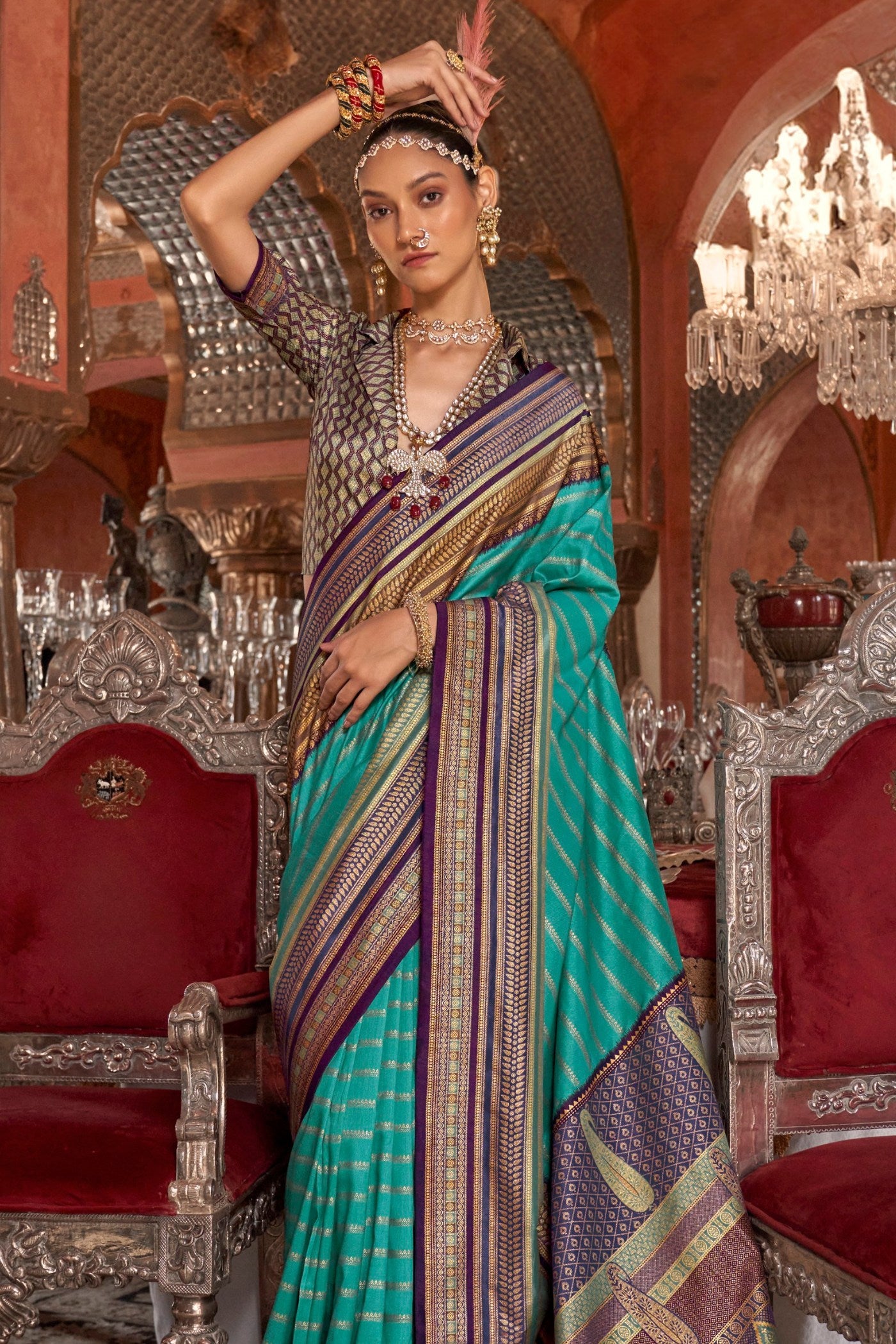 Buy MySilkLove Opal Blue Printed Patola Saree Online