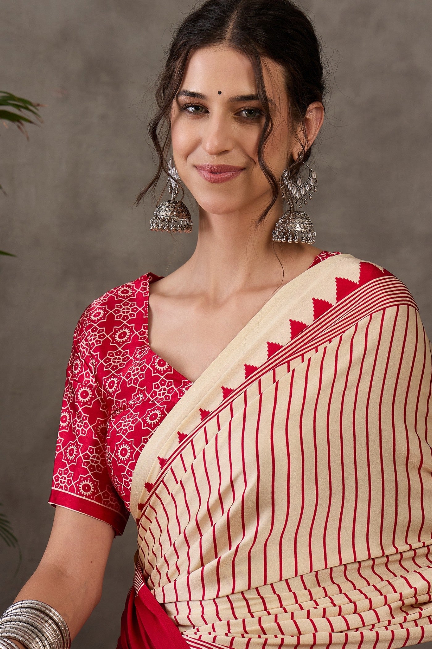 MySilkLove Almond Cream and Red Printed Satin Gaji Silk Saree