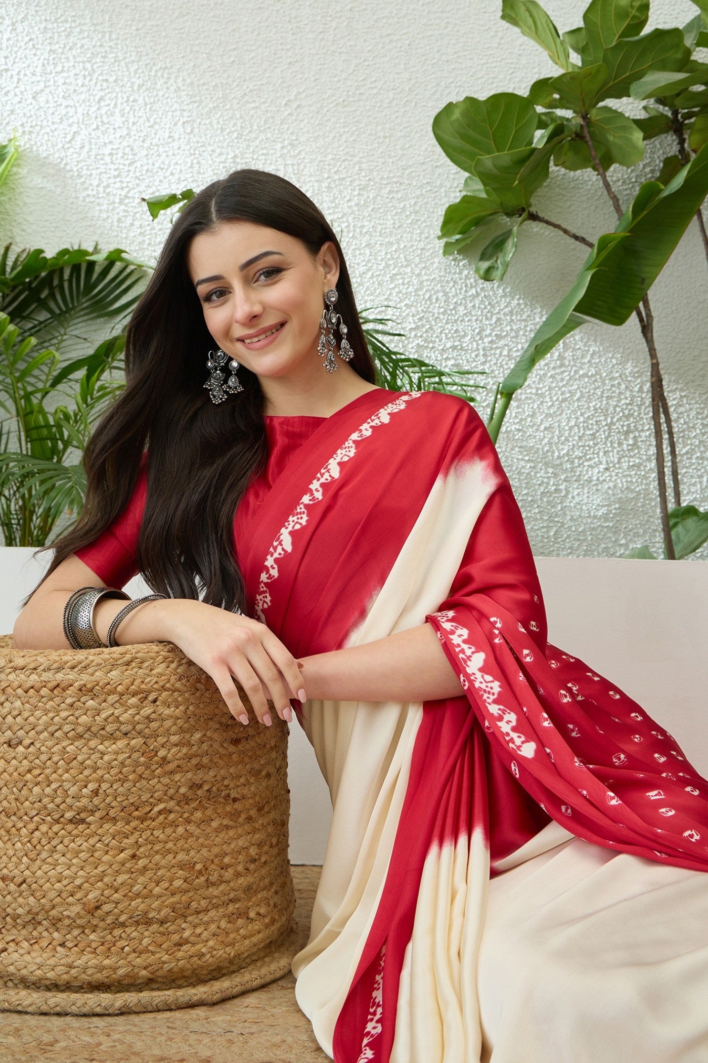 MySilkLove Ivory Cream and Red Printed Satin Crepe Silk Saree