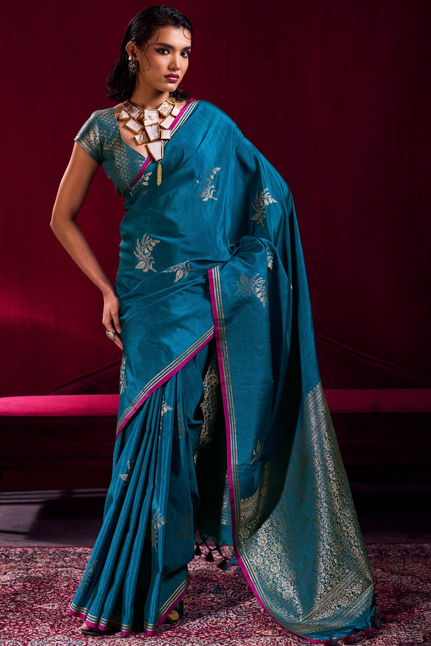 Buy MySilkLove France Blue Handloom Satin Soft Silk Saree Online