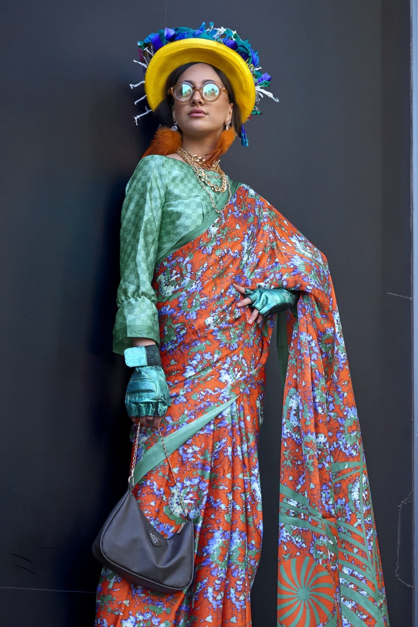 Buy MySilkLove Squach Orange and Green Printed Satin Crepe Silk Saree Online