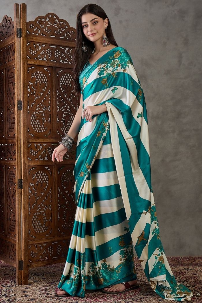 Buy MySilkLove Water Blue Stripe Printed Floral Satin Gaji Silk Saree Online