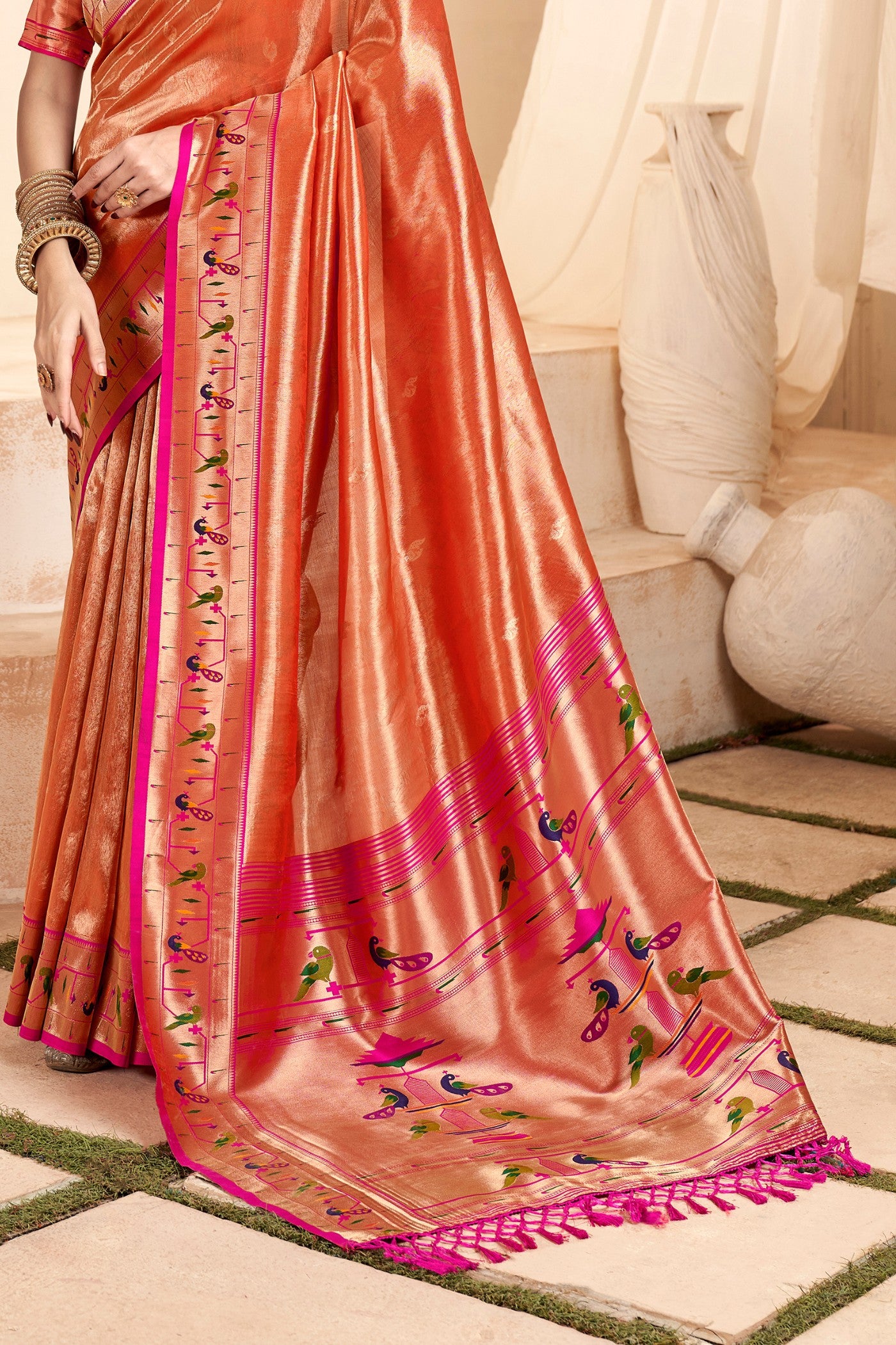 Buy MySilkLove Atomic Orange Zari Woven Paithani Tissue Saree Online