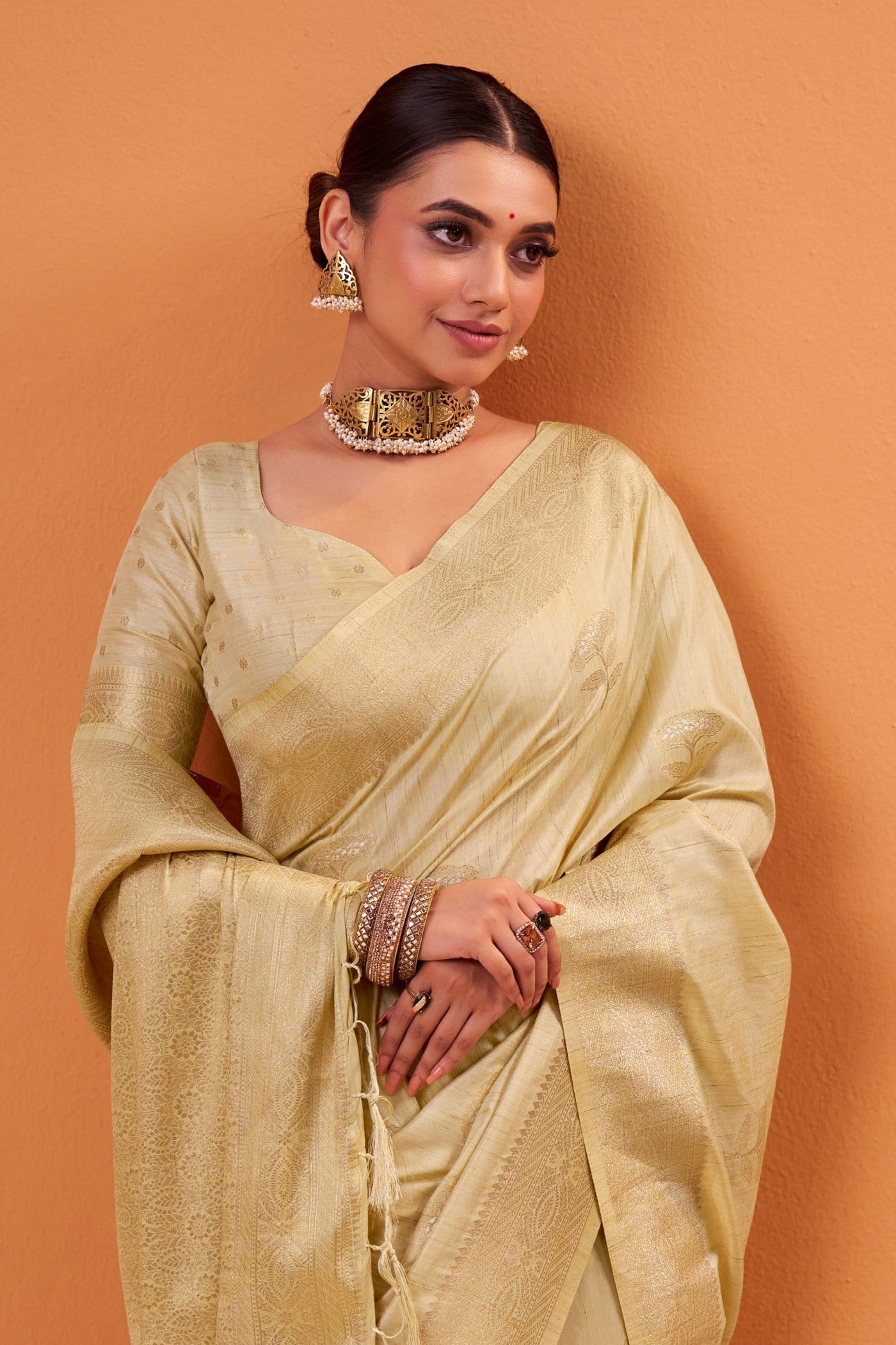 Buy MySilkLove Coconut Cream Tussar Handloom Silk Saree Online