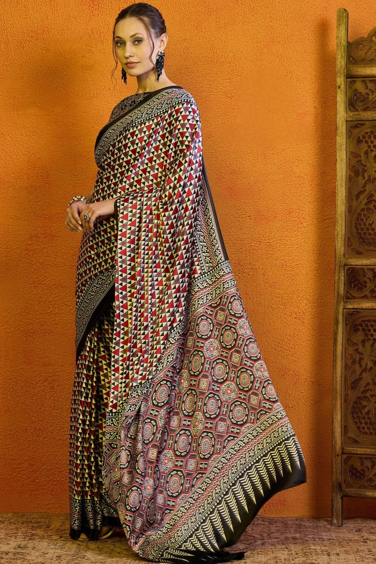 Buy MySilkLove Brandy Rose Brown Printed Ajrakh Satin Crepe Saree Online