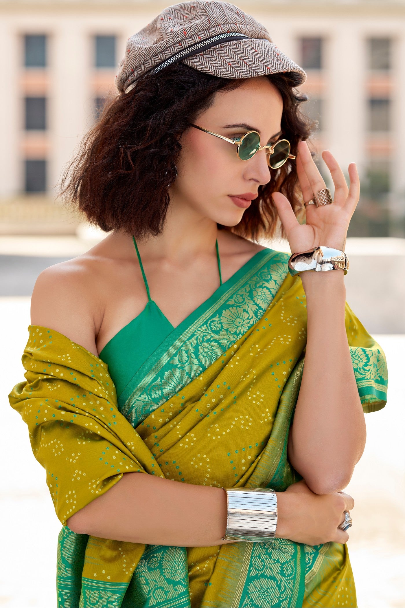 Buy MySilkLove Corn Harvest Green Woven Banarasi Bandhani Soft Silk Saree Online