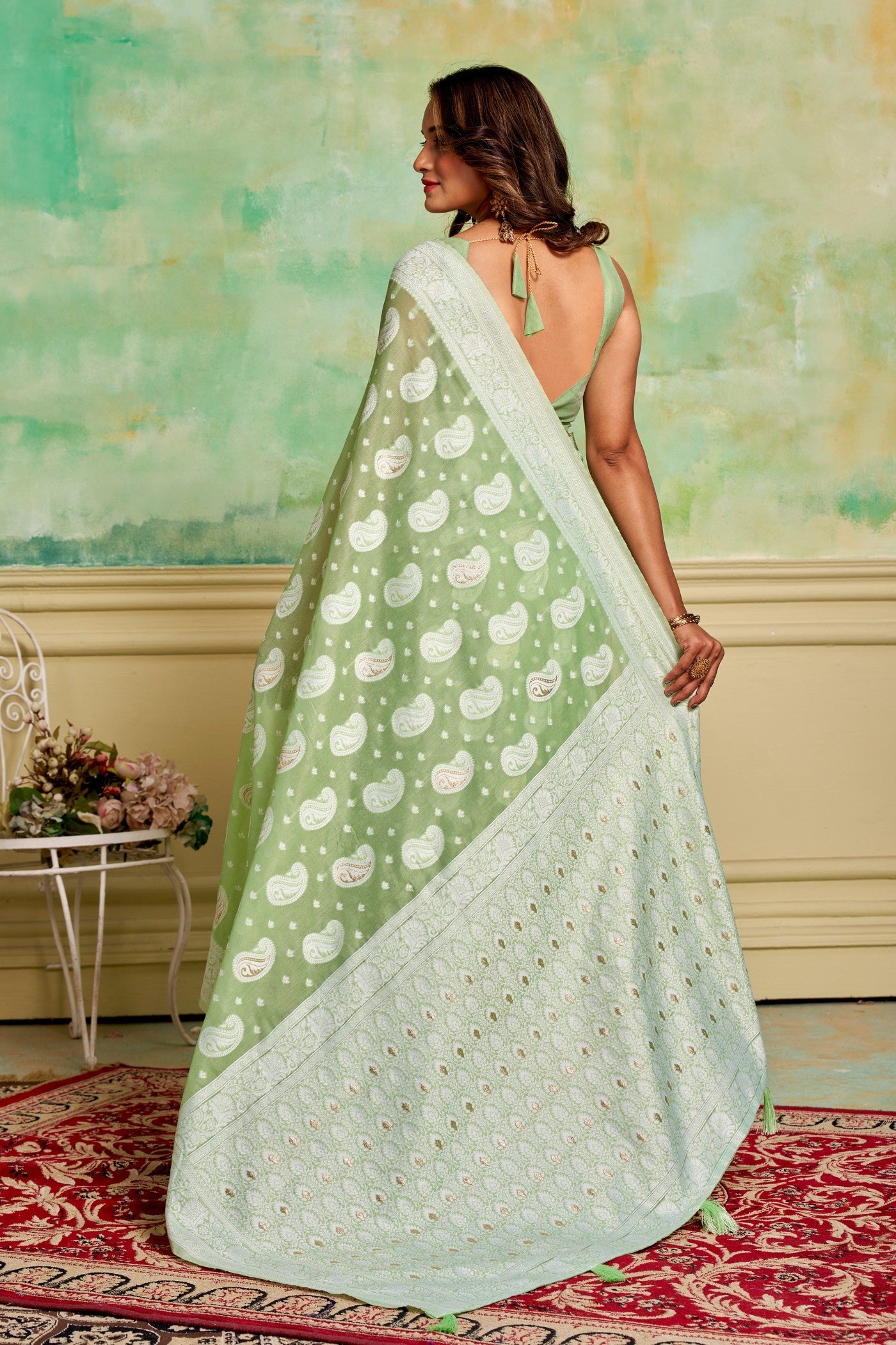 Buy MySilkLove Seafoam Green Woven Cotton Saree Online