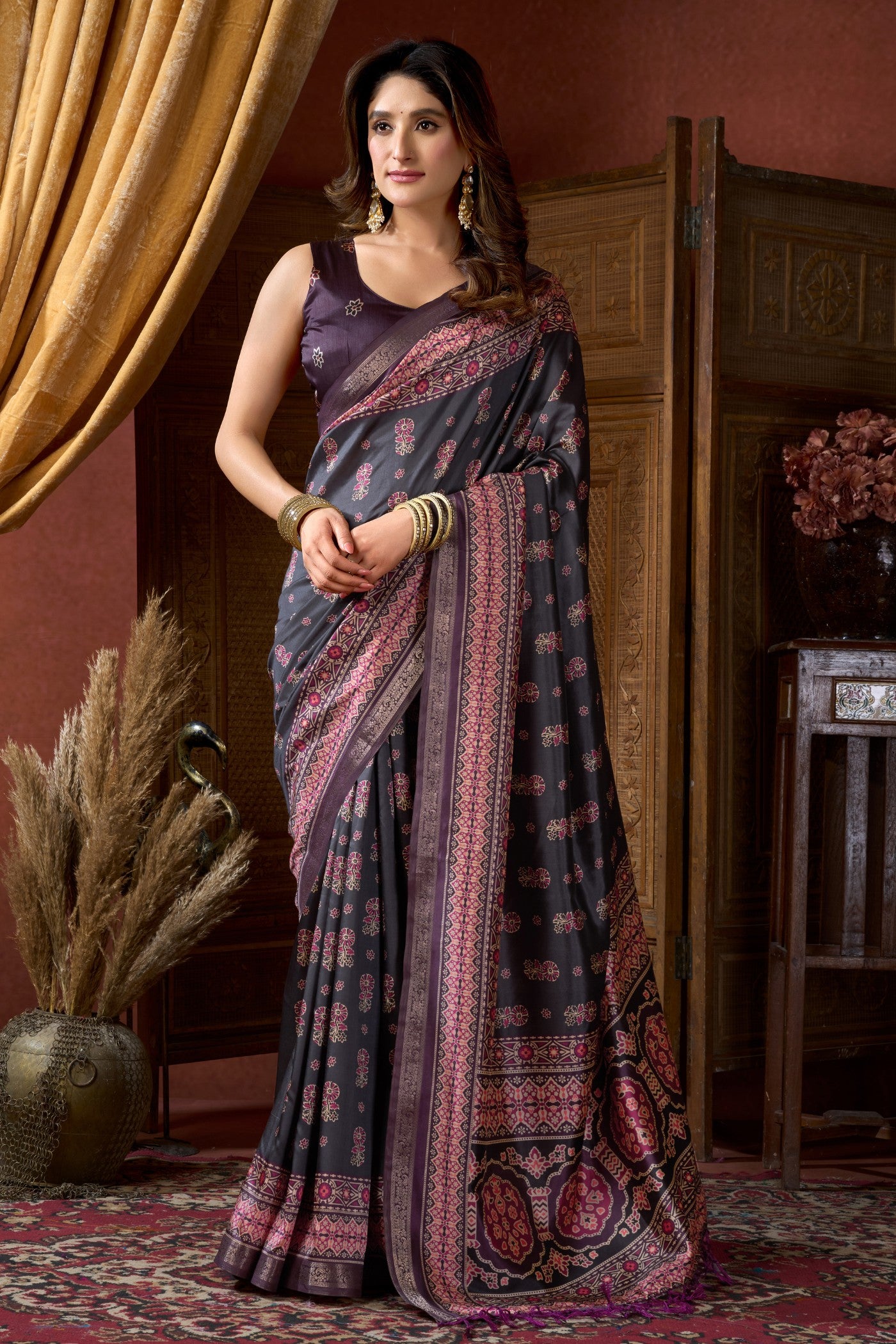 Buy MySilkLove Platinum Grey Ajrakh Printed Saree Online