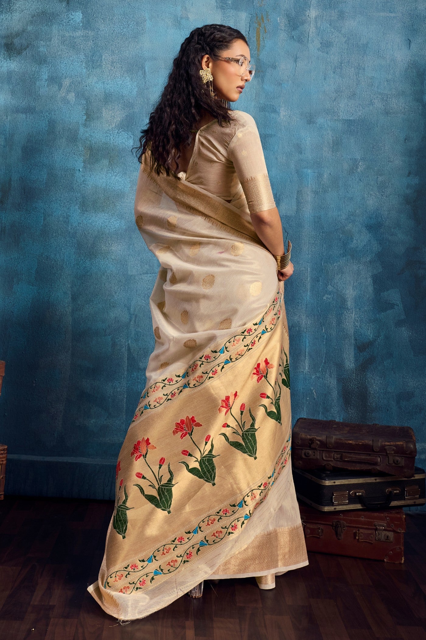 Buy MySilkLove Bone White Zari Woven Tissue Paithani Saree Online