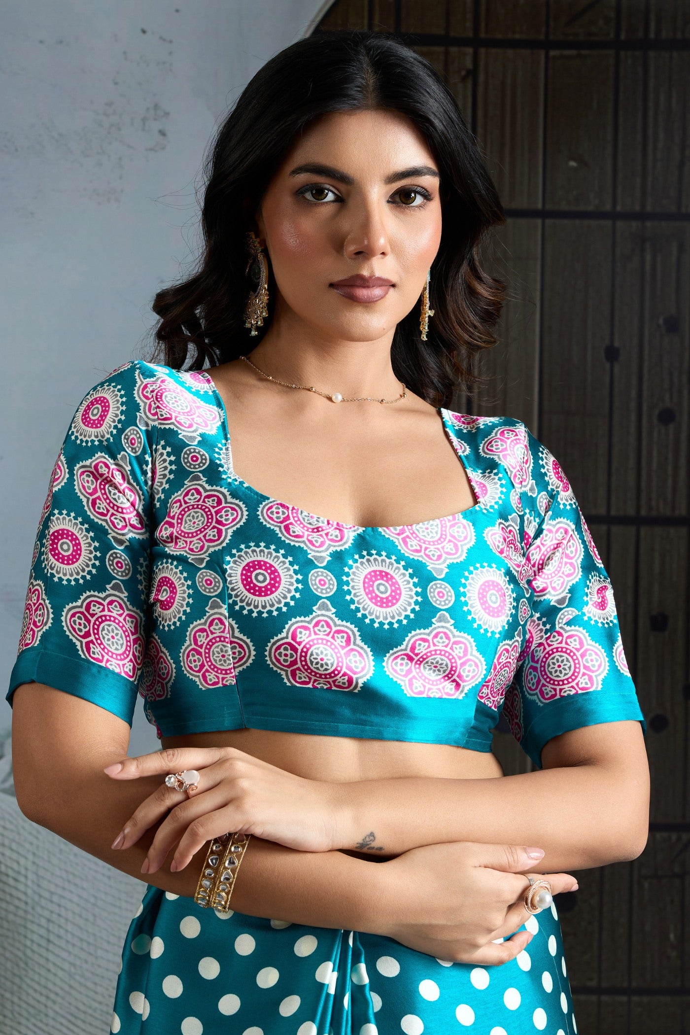 Buy MySilkLove Cornflower Blue Printed Polka Dots Satin Crepe Saree Online