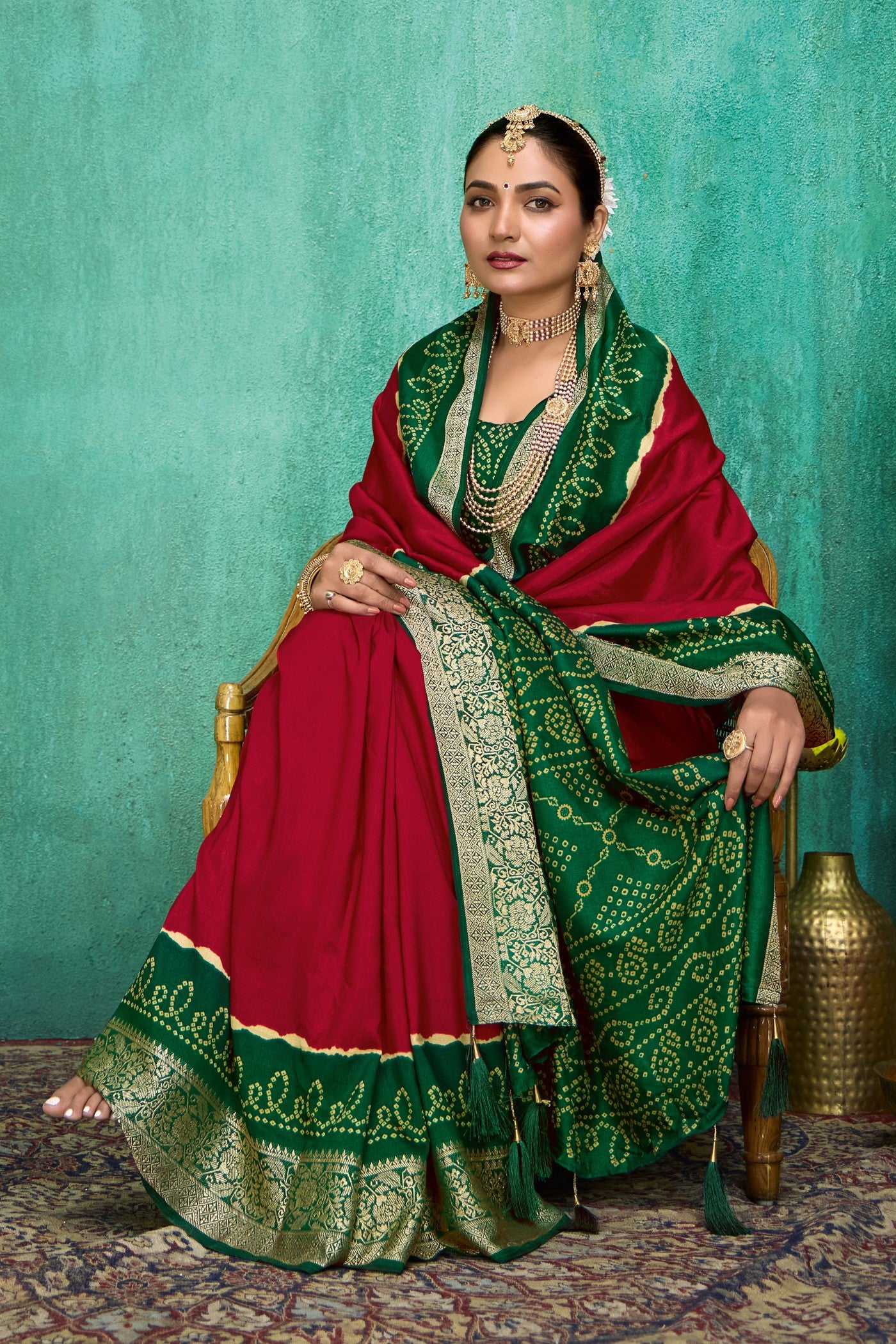 MySilkLove Garnet Red Tussar Bandhani Silk Saree