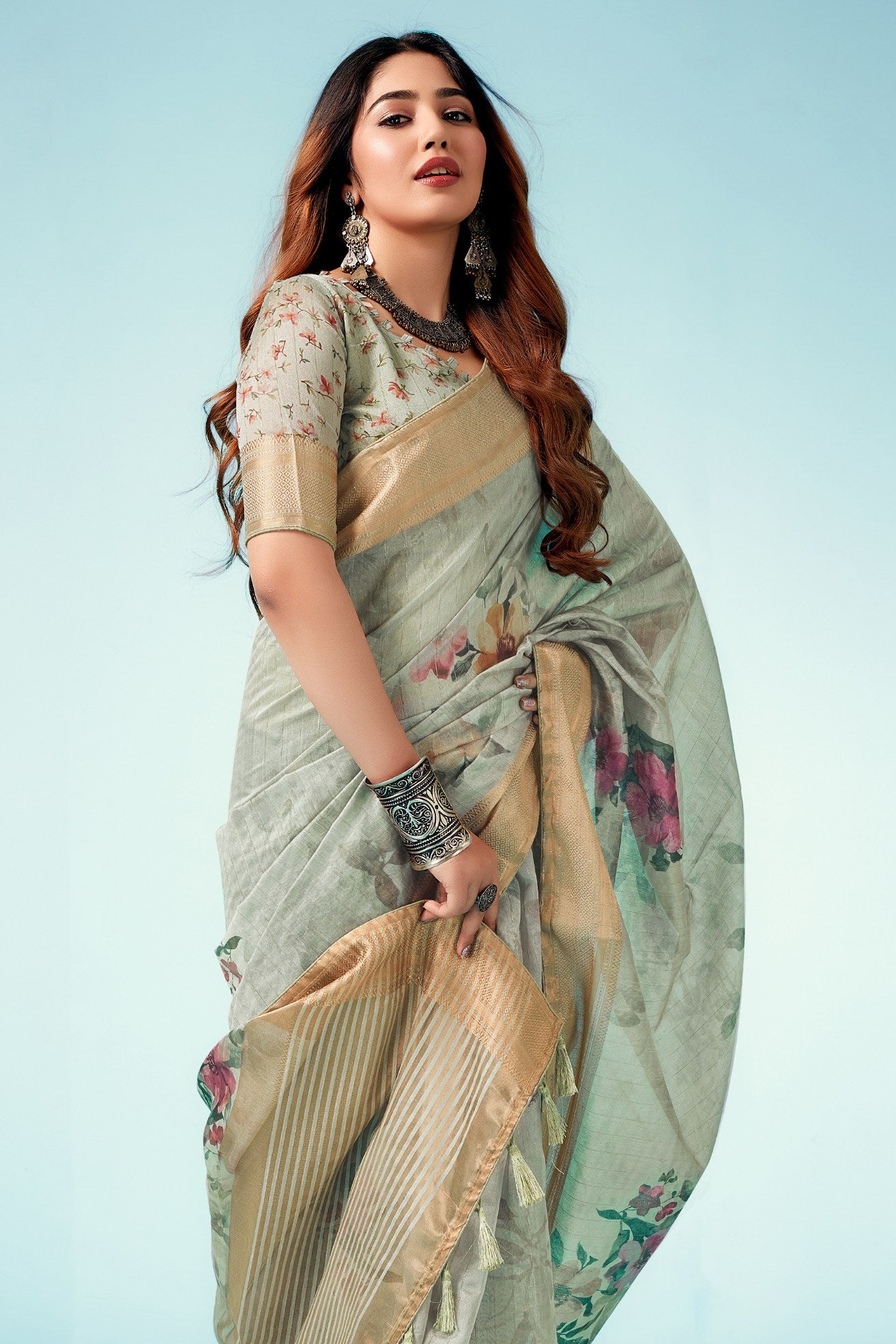 MySilkLove Tallow Green Floral Linen Saree