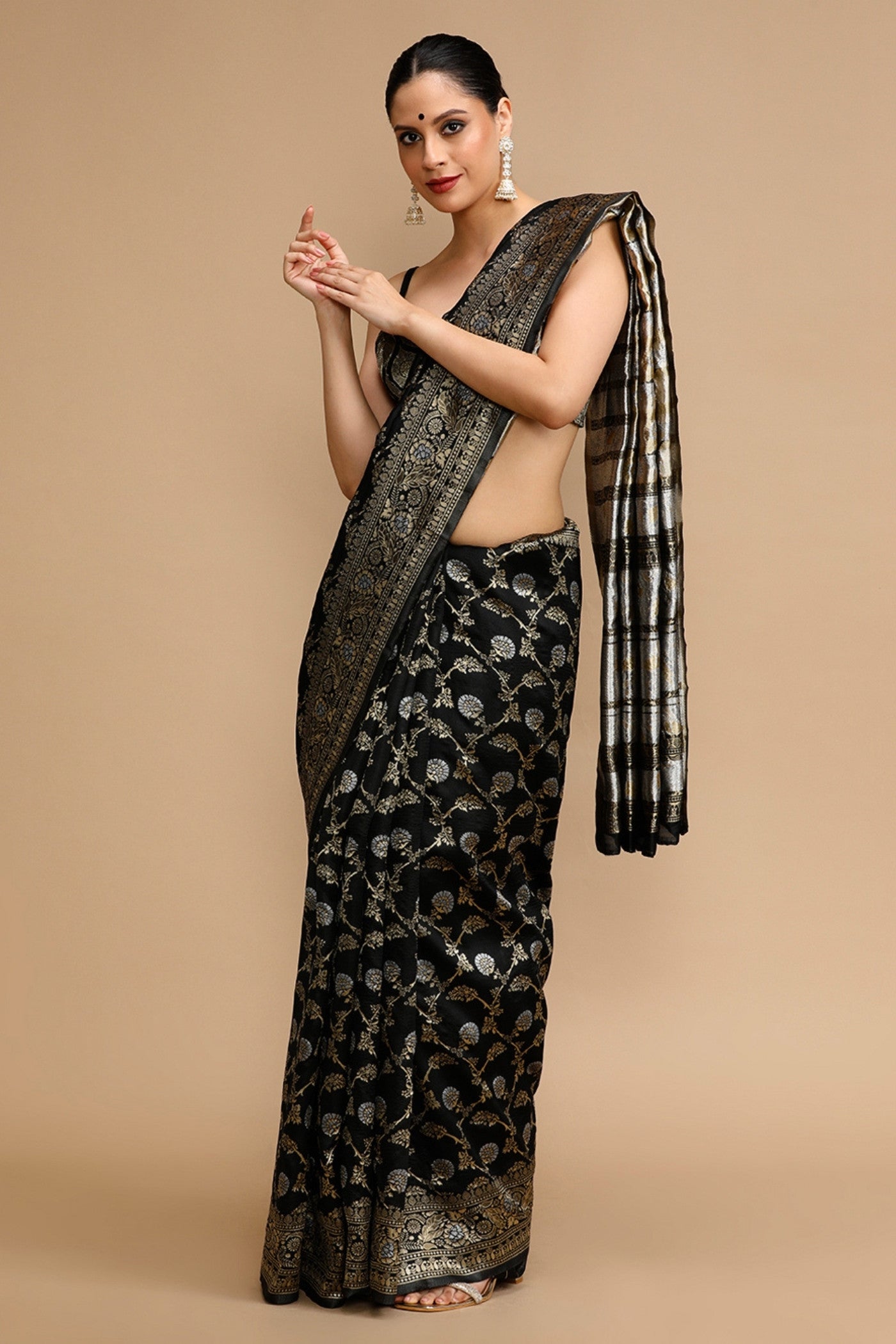 MySilkLove Coal Black Woven Jacquard Lichi Silk Saree