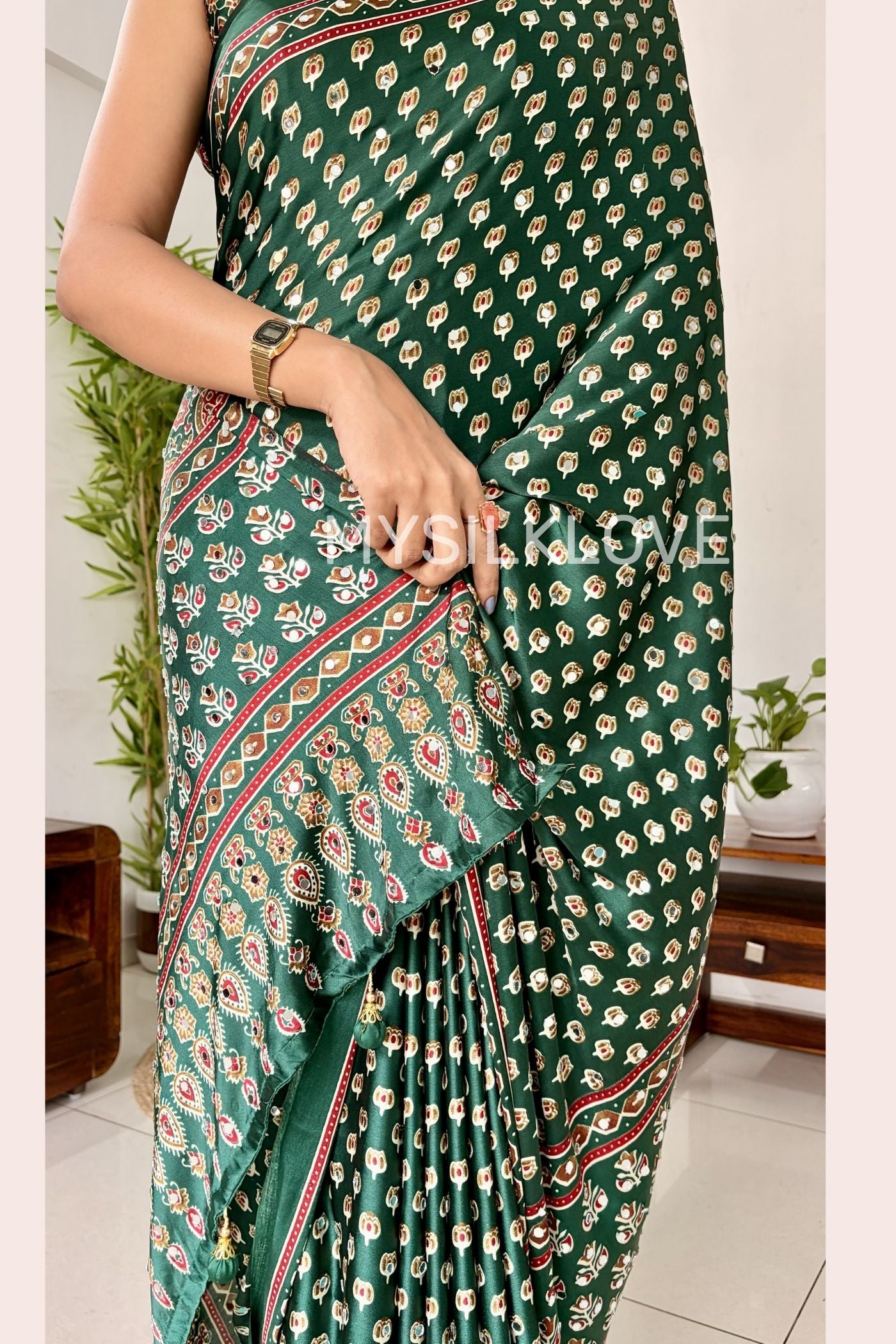 Buy MySilkLove Bottle Green Ajrakh Printed Mirror Work satin Saree Online