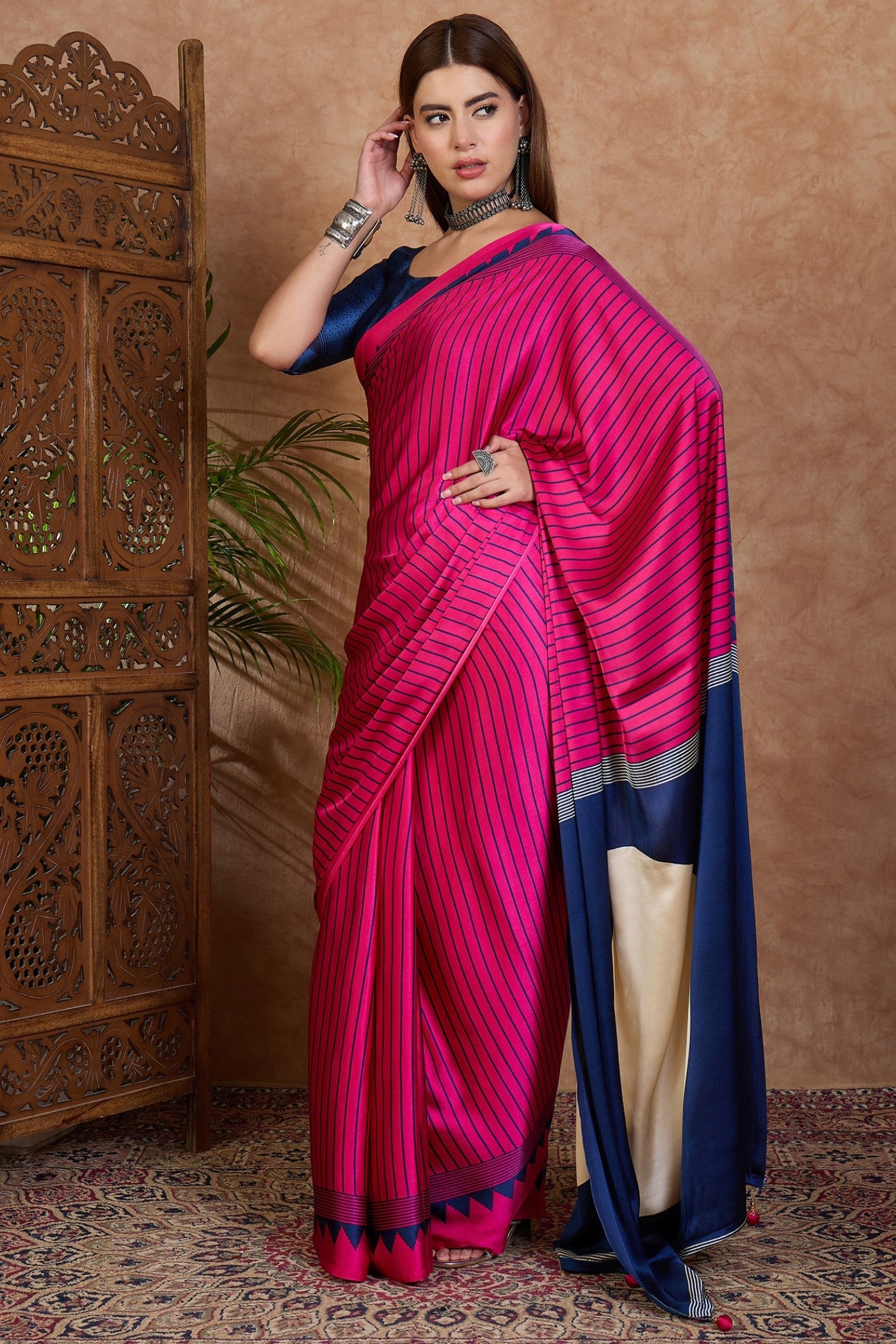 Buy MySilkLove Magenta Pink and Blue Stripe Ajrakh Printed Satin Crepe Silk Saree Online