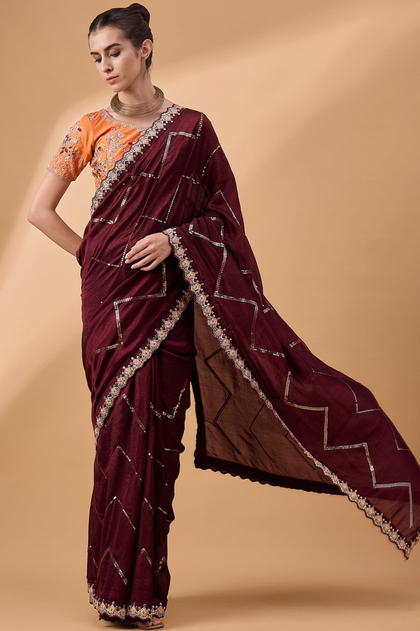 Buy MySilkLove Cowboy Brown Chinon Partywear Saree Online