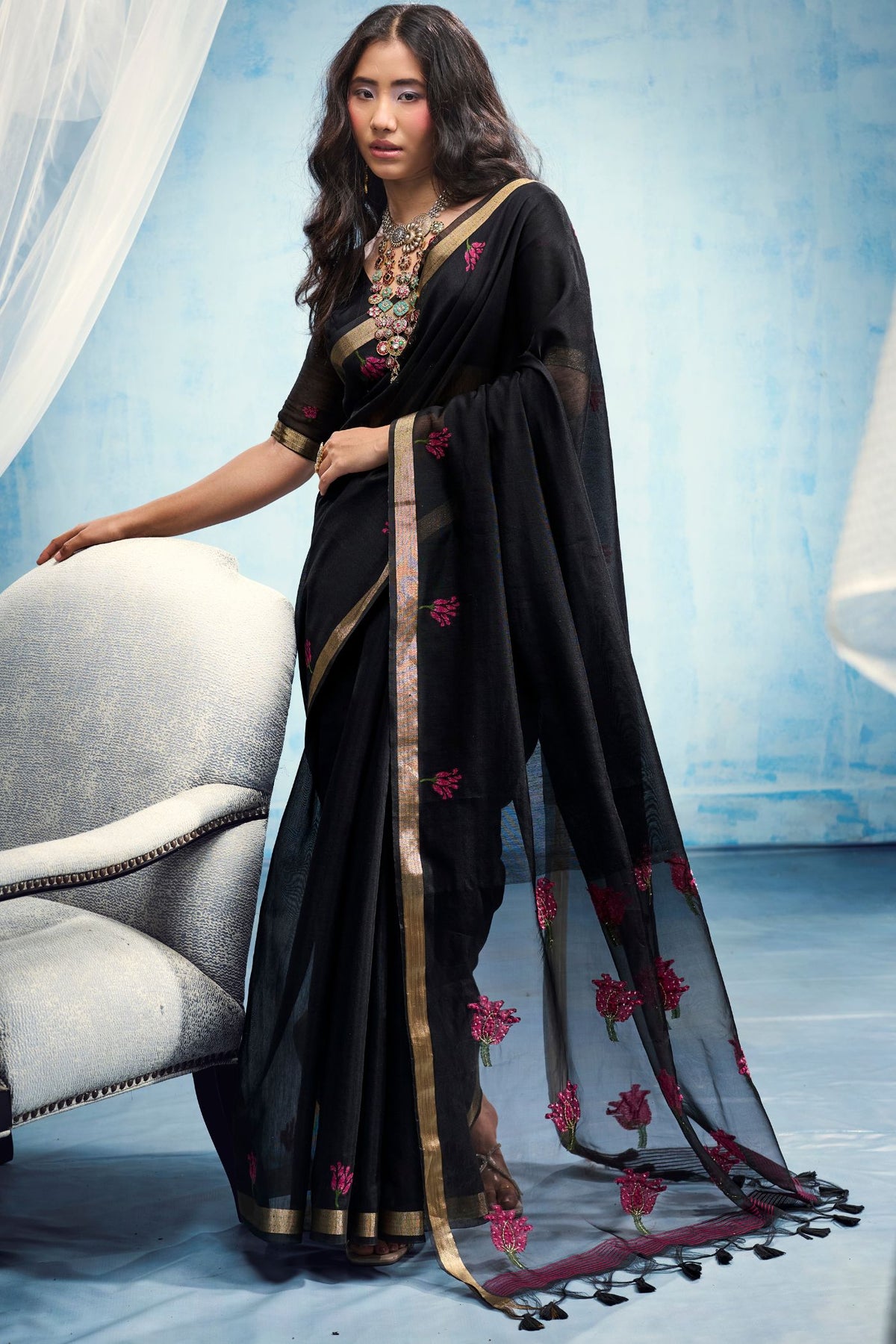 Buy MySilkLove Jet Black Munga Handloom Cotton Saree Online
