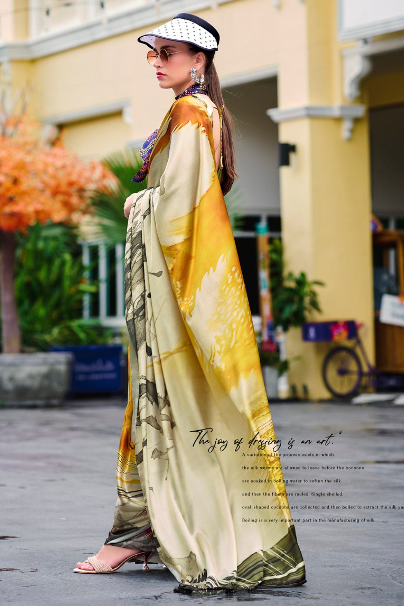 Buy MySilkLove Copper Yellow Printed Satin Crepe Silk Saree Online