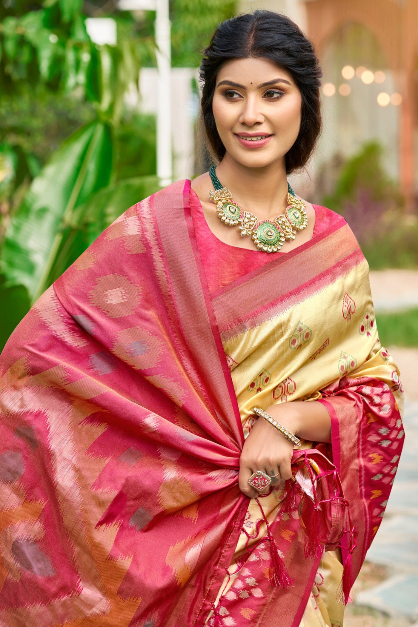 MySilkLove Biscuit Cream Ikkat Soft Silk Saree