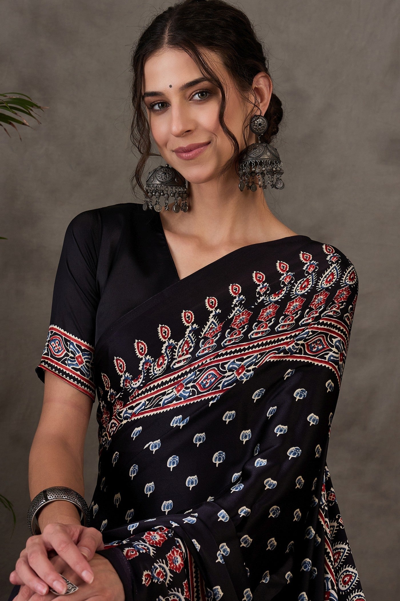MySilkLove Tuna Black Printed Satin Gaji Silk Saree