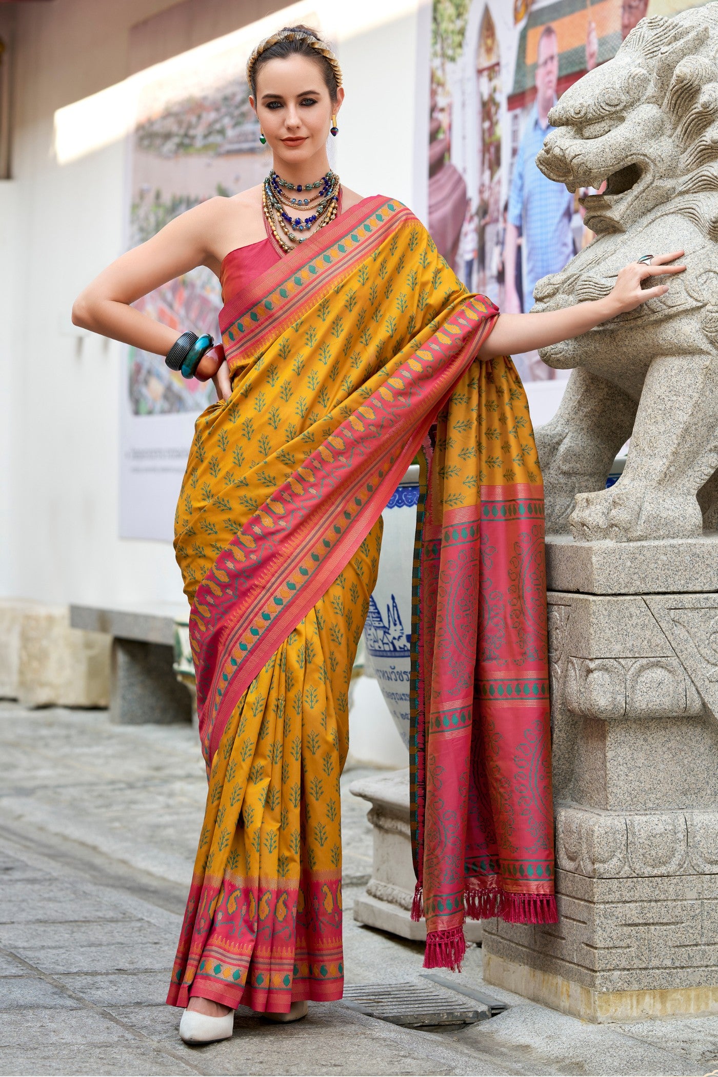 Buy MySilkLove Bourbon Yellow Woven Banarasi Saree Online