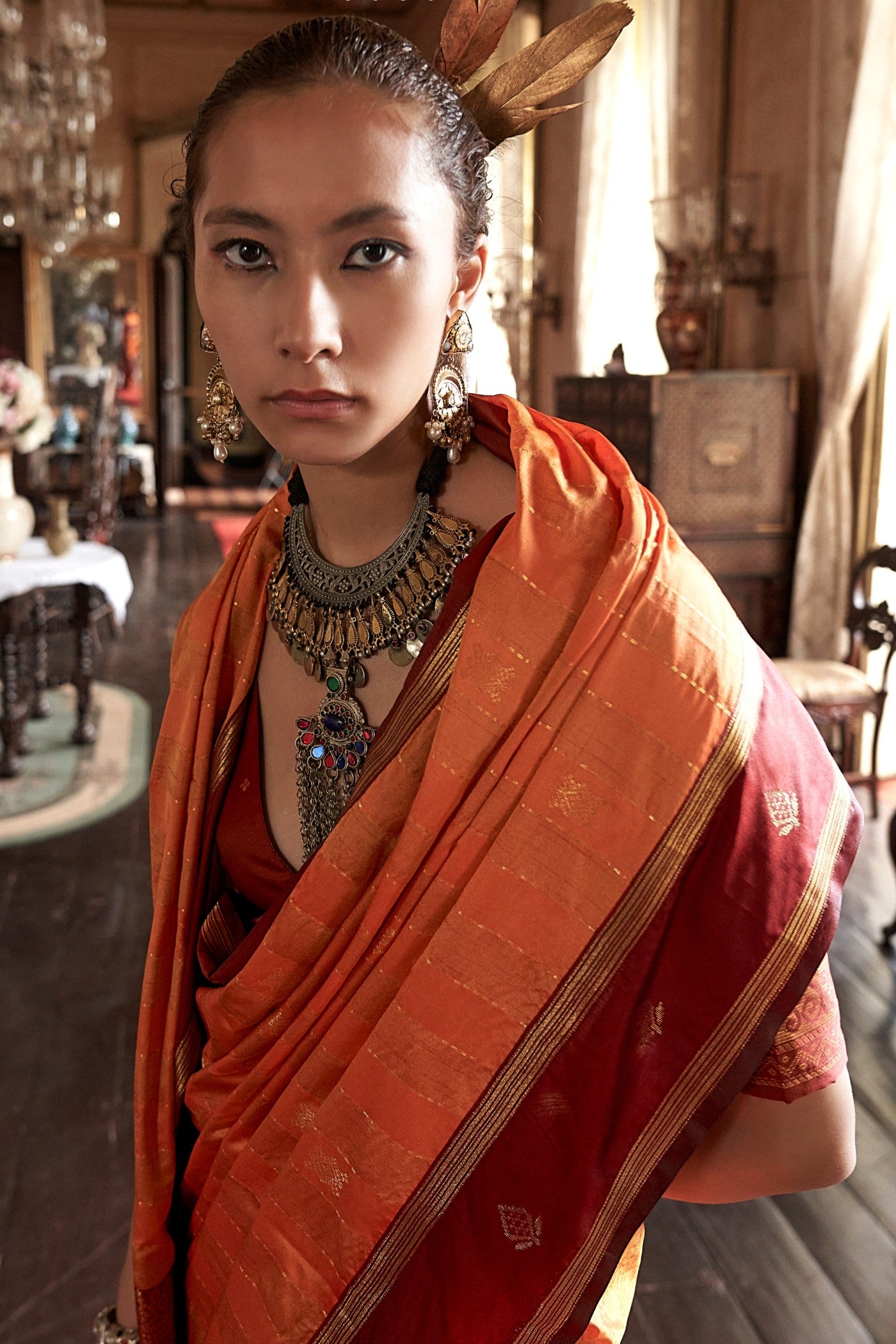 MySilkLove Flame Orange Tussar Handloom Silk Saree