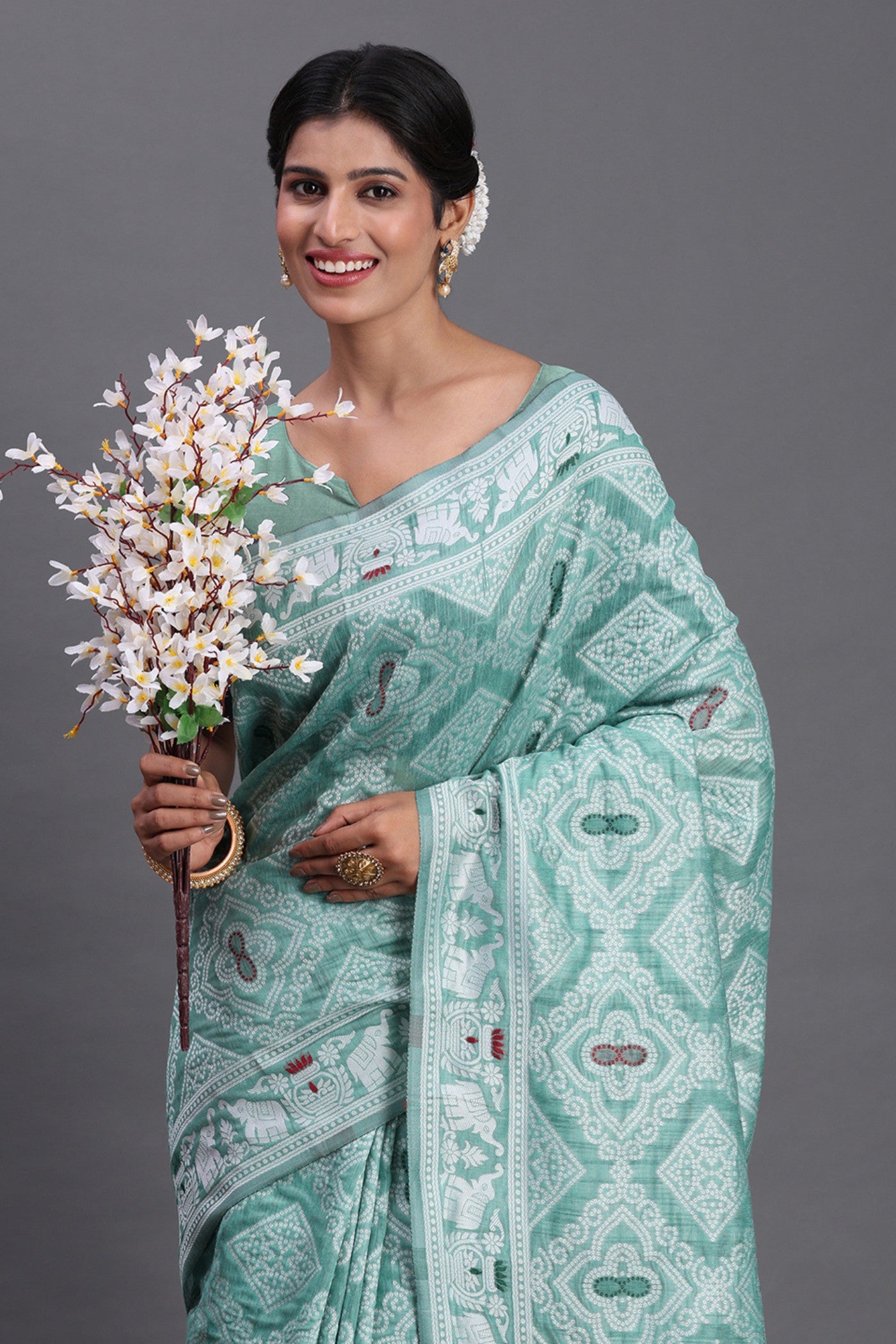 MySilkLove Myrtle Green Linen Cotton Saree