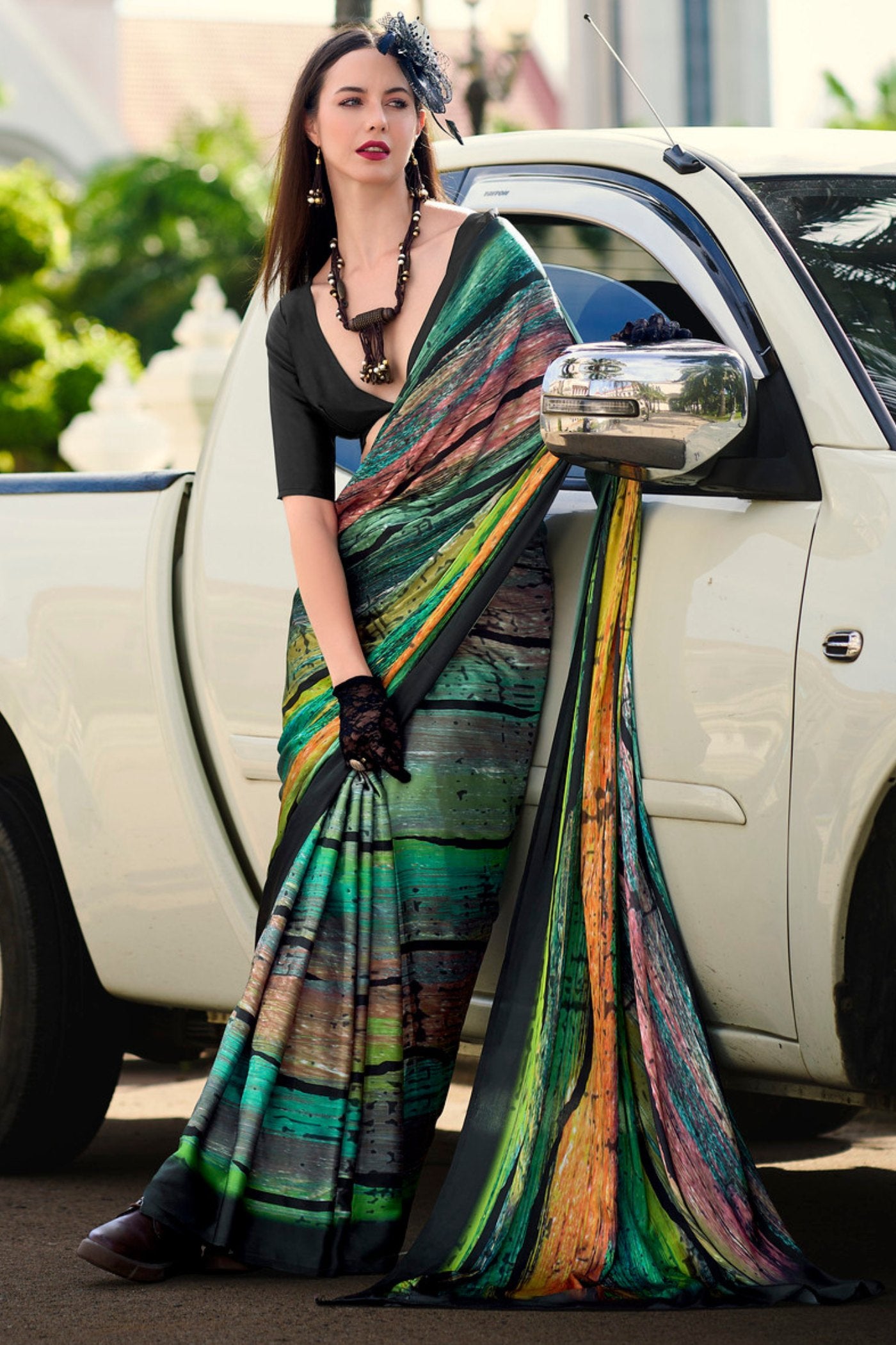 Buy MySilkLove Outer Space Green Printed Satin Crepe Silk Saree Online