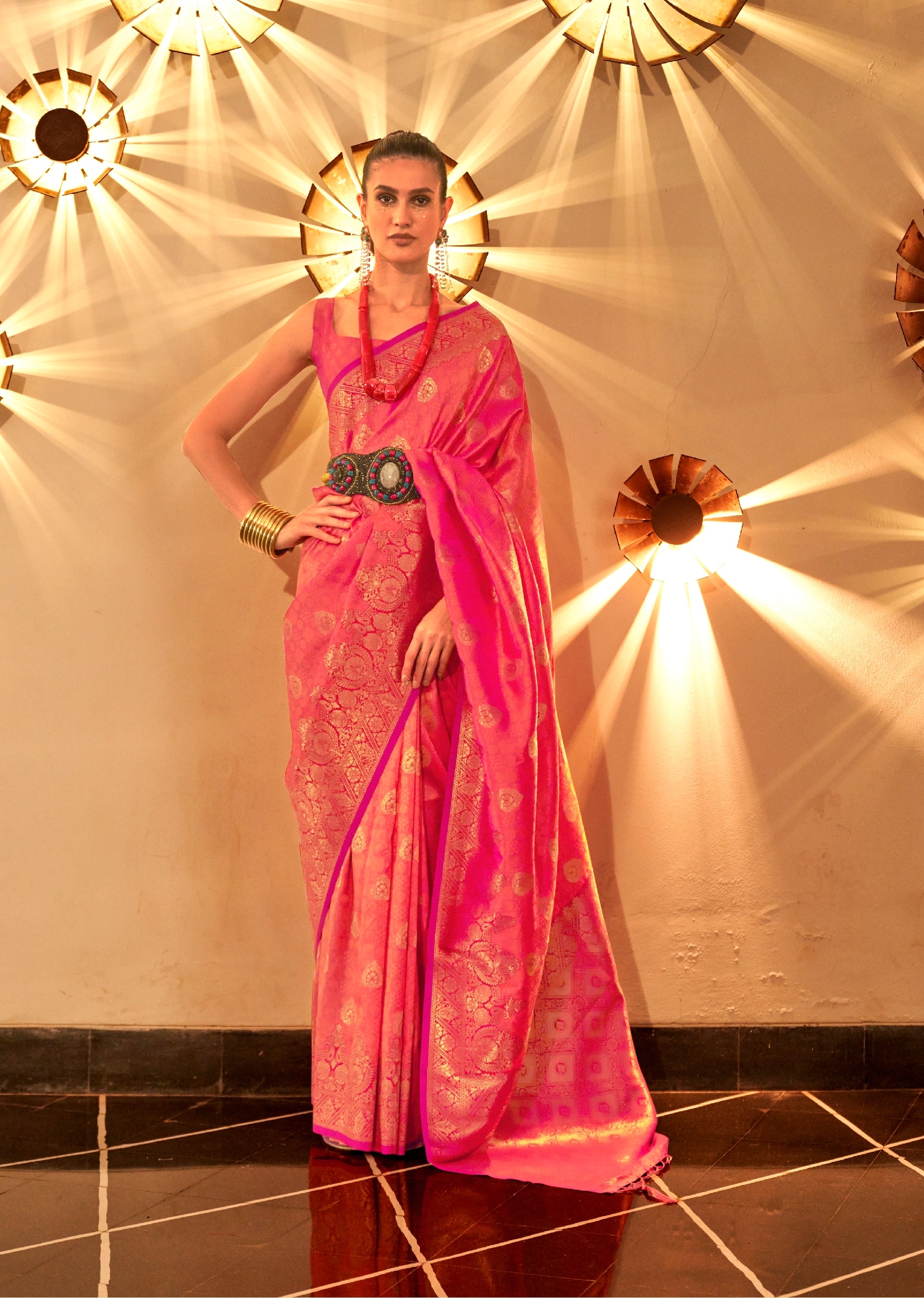 Buy MySilkLove Persimmon Pink Banarasi Woven Handloom Silk Saree Online