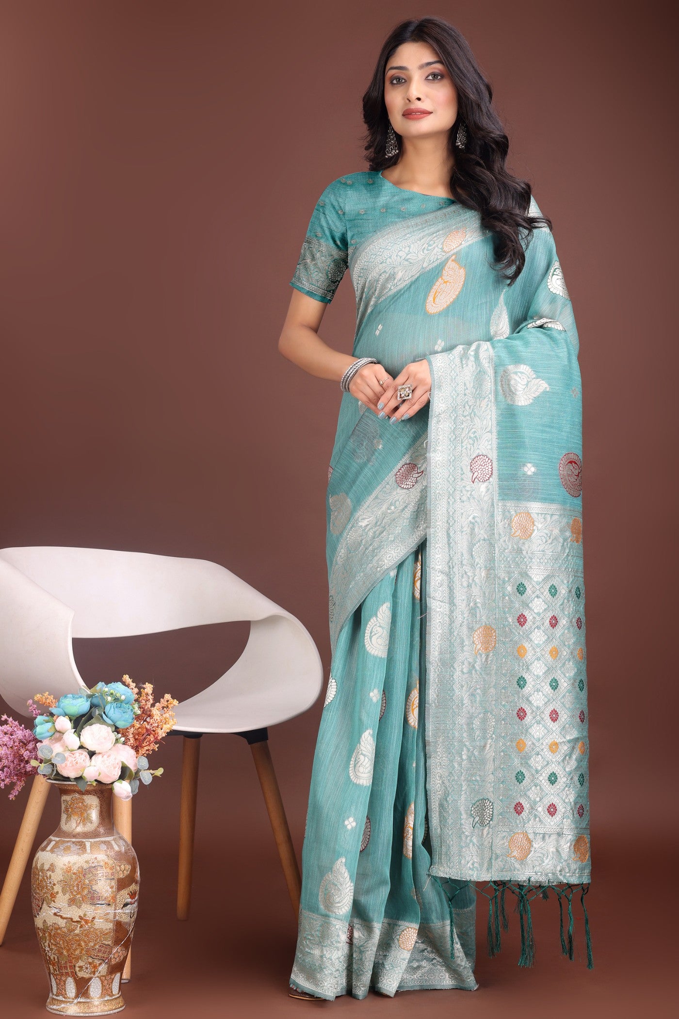 Buy MySilkLove Pacific Blue Linen Cotton Saree Online