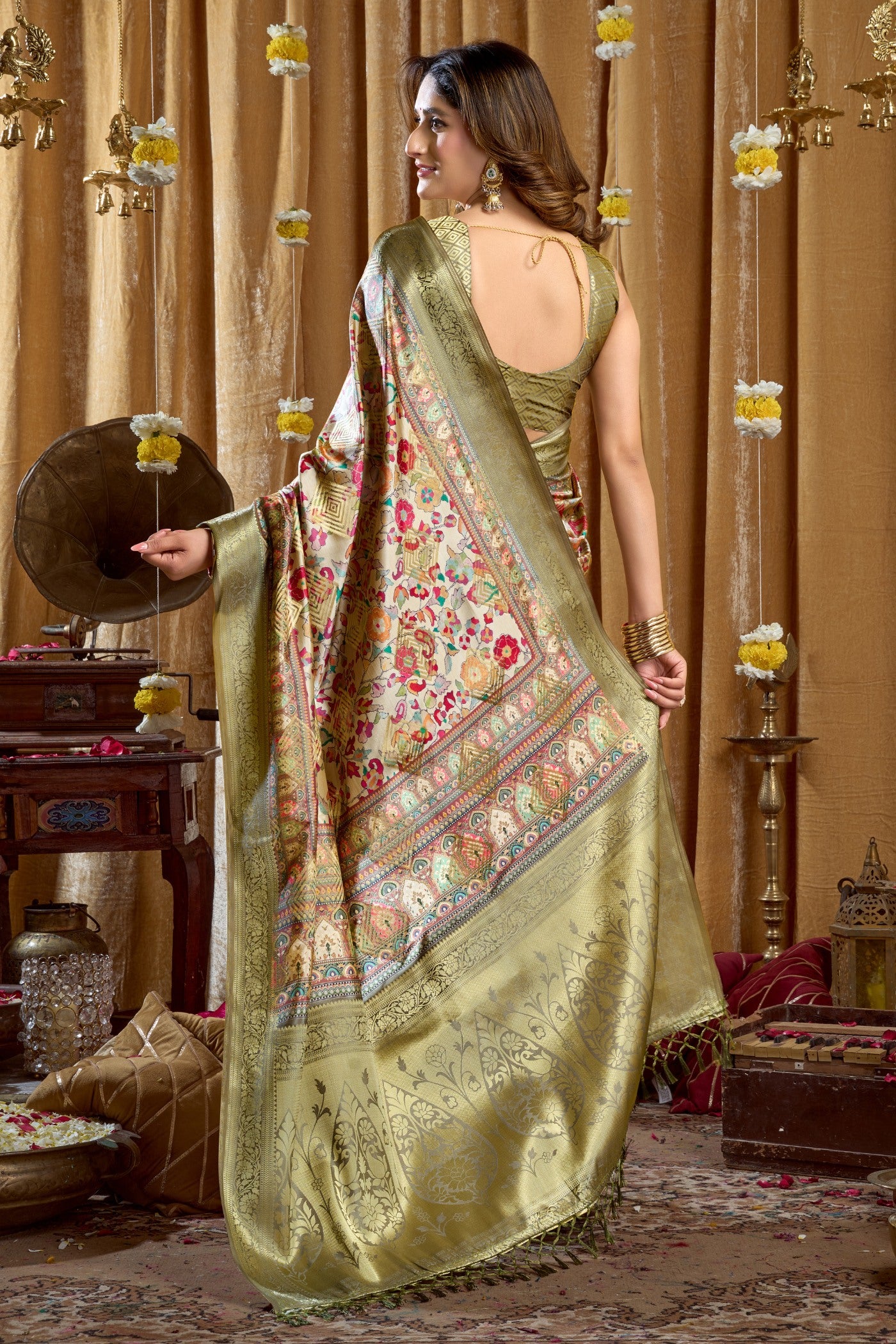 Buy MySilkLove Olive Green Digital Printed Banarasi Saree Online