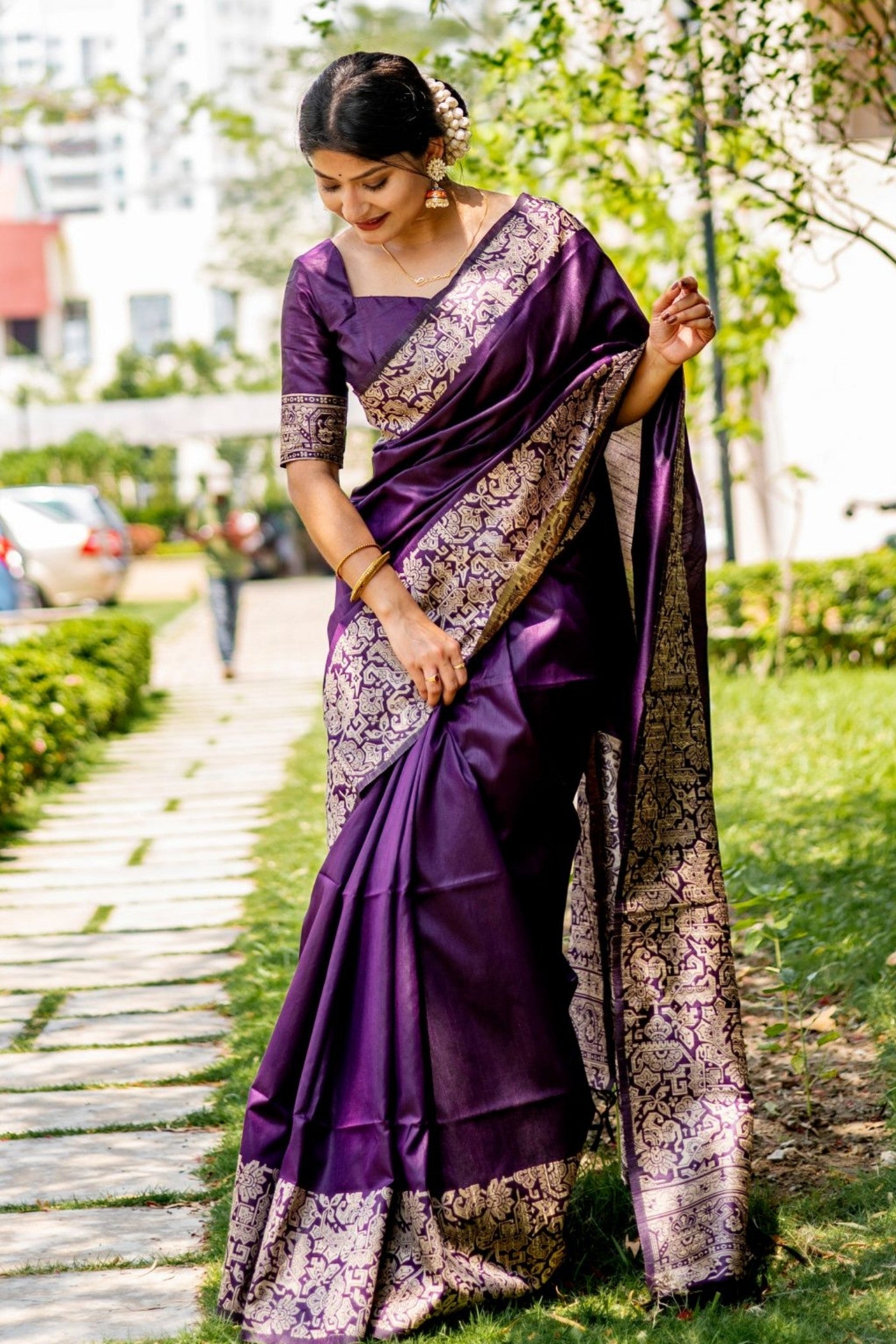 Buy MySilkLove Mulberry Purple Banarasi Handloom Raw Silk Saree Online