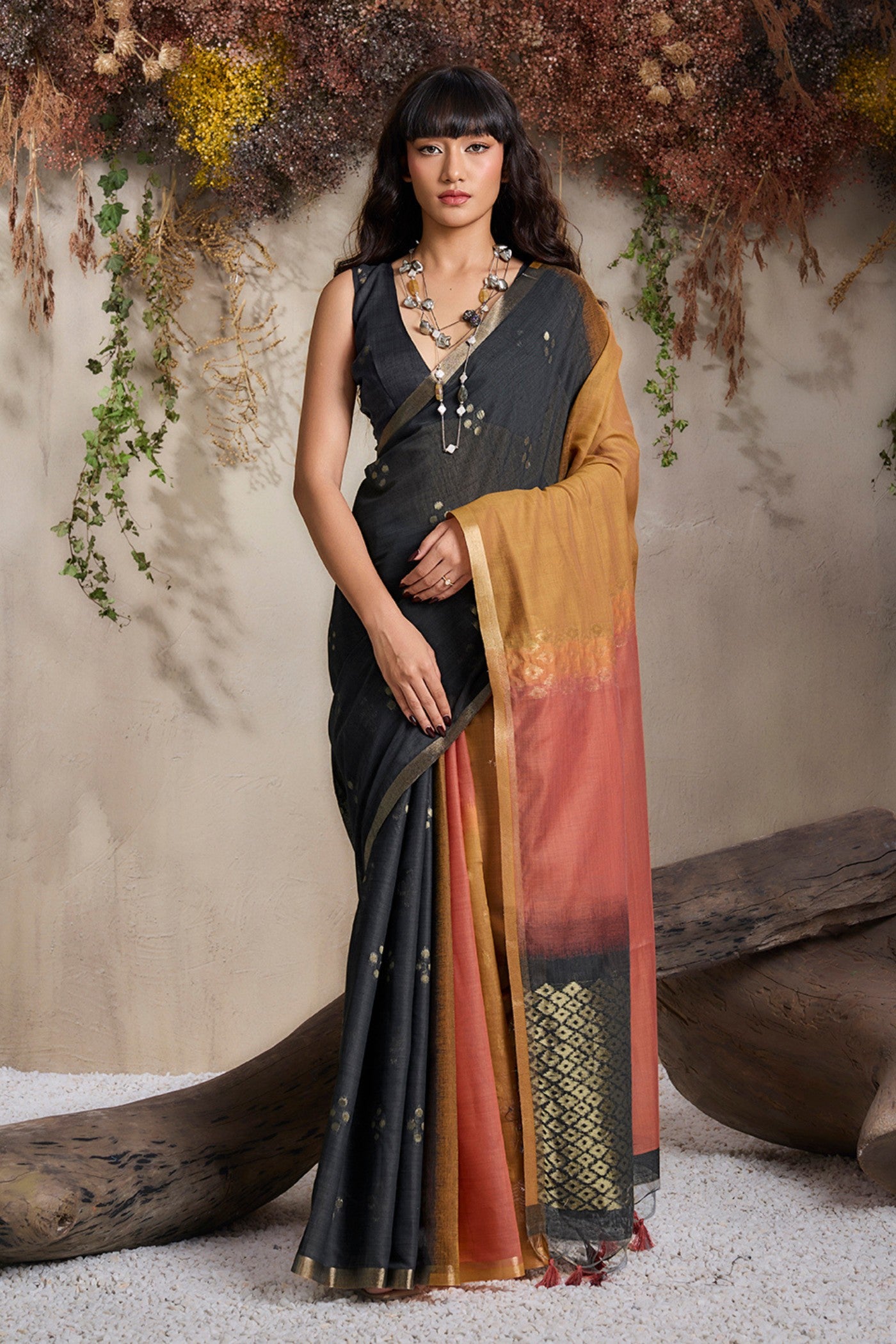 Buy MySilkLove Imperial Black and Yellow Handloom Cotton Saree Online
