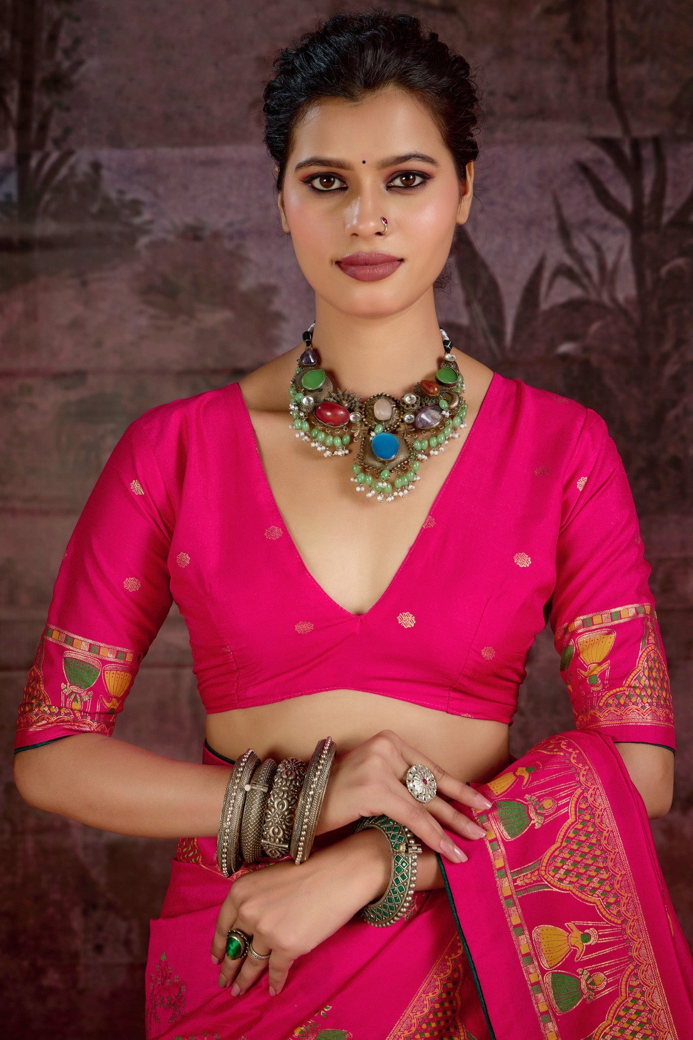 Buy MySilkLove Rose Pink Tussar Rajwadi Printed Silk Saree Online