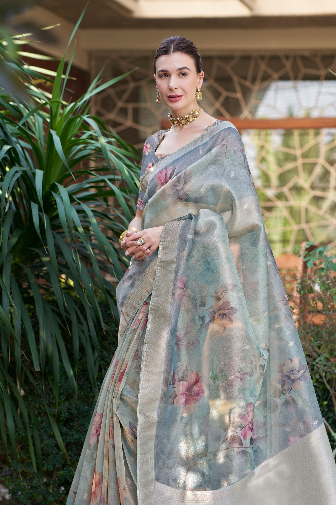 Buy MySilkLove Venus Grey Digital Printed Organza Saree Online