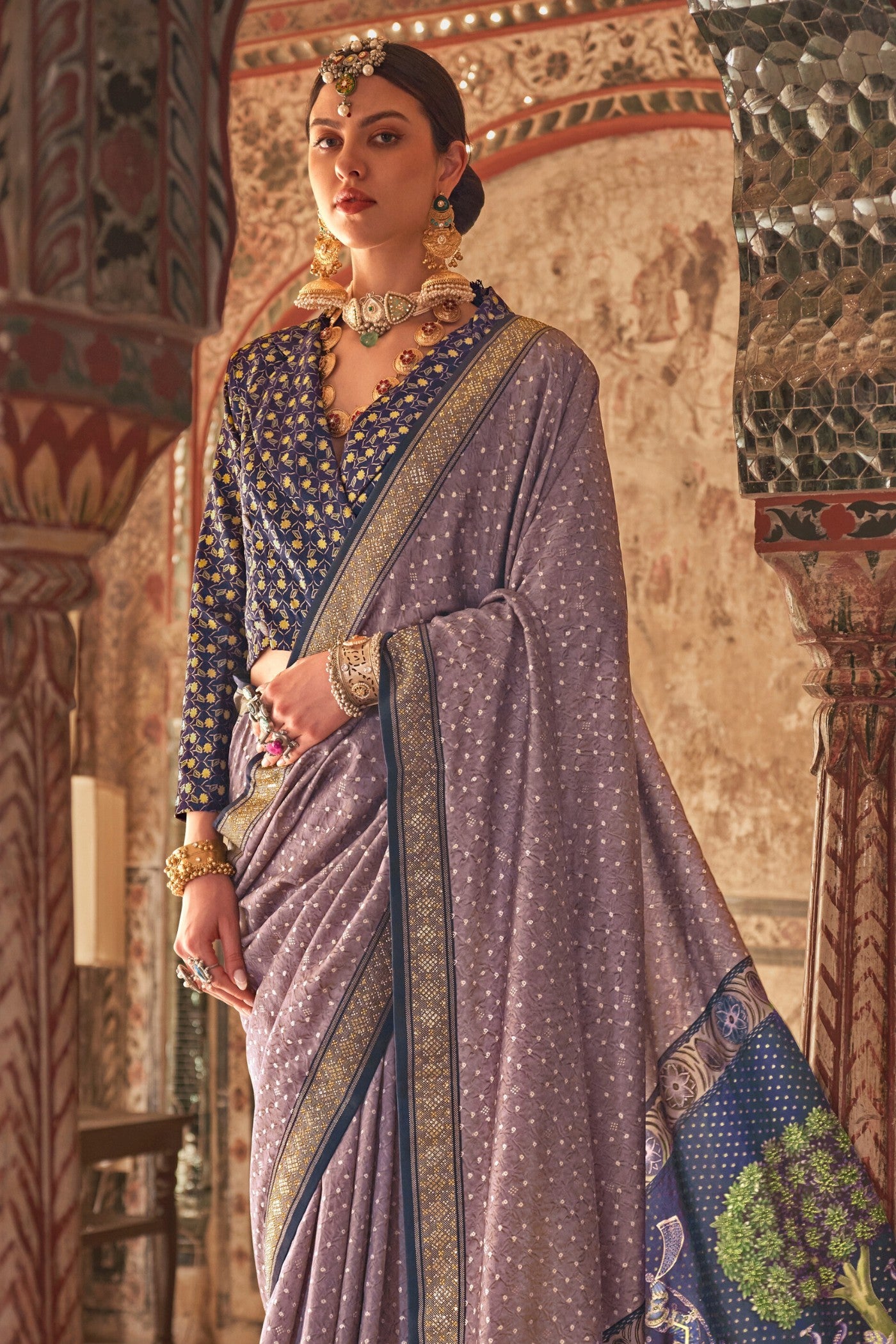 Buy MySilkLove Taupe Purple Printed Patola Saree Online